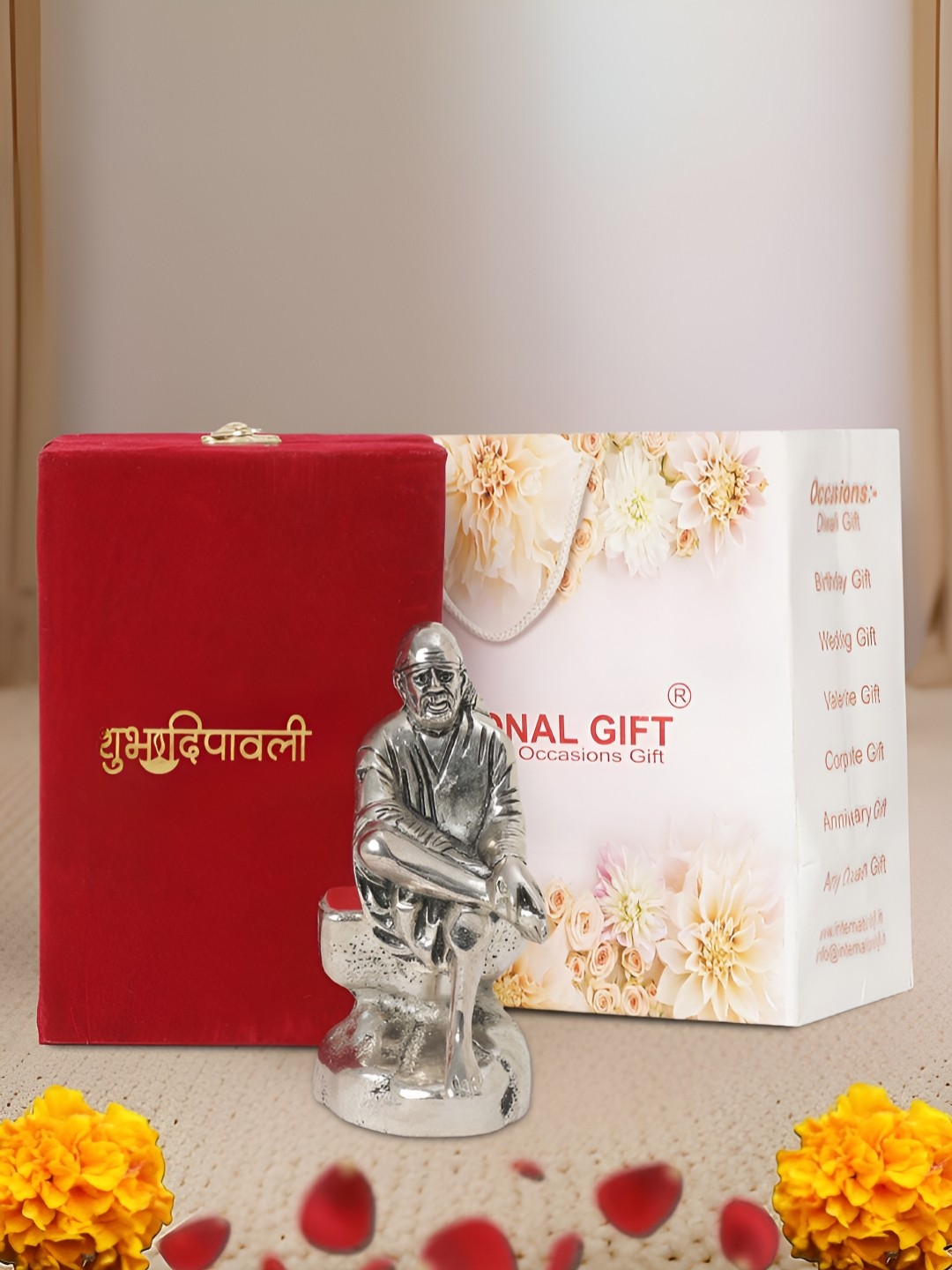 

INTERNATIONAL GIFT Silver Plated Sai Baba Idol with Velvet Box and Happy Diwali Tag