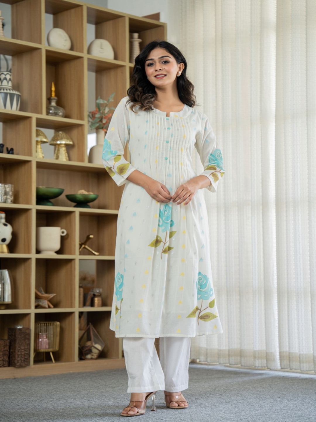 

AUTUMN LANE Floral Printed Pure Cotton A-Line Kurta With Trouser, White