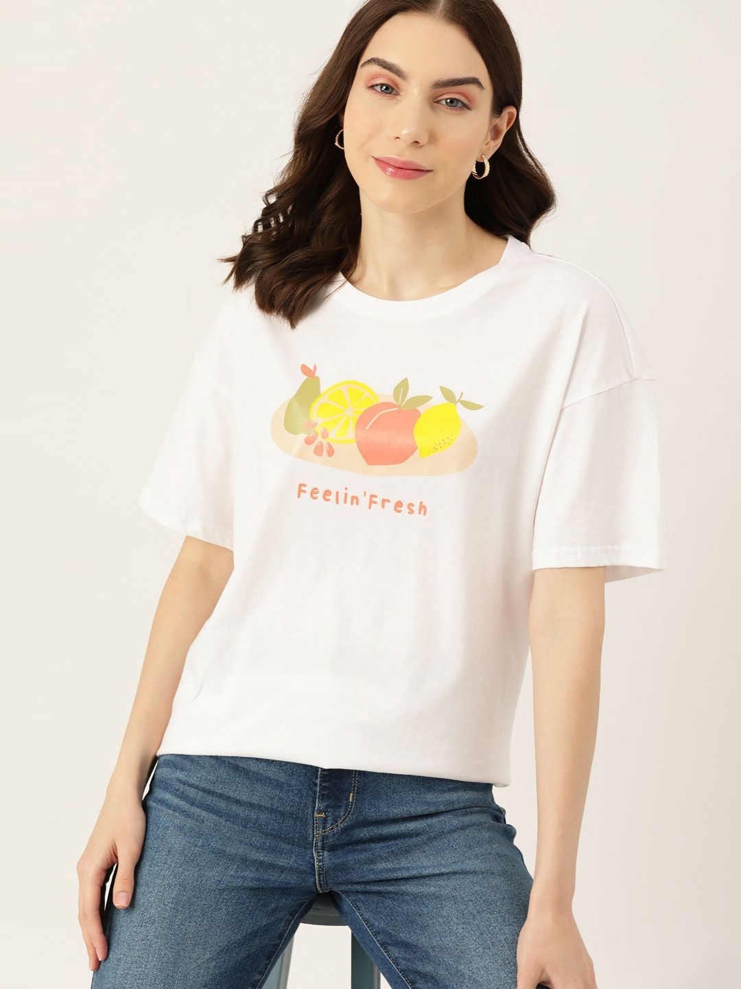 

DressBerry Women Graphic Printed Round Neck Cotton Oversized T-shirt, Beige