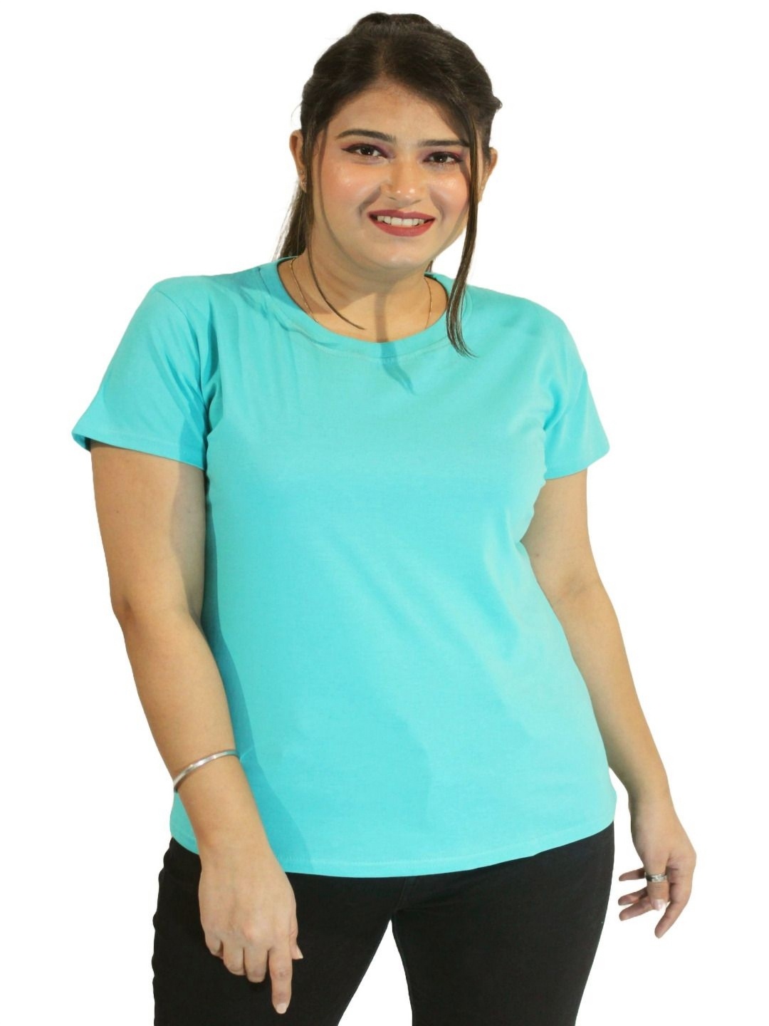 

PINK SHELL Women Solid Round Neck Cotton T-shirt, Turquoise blue