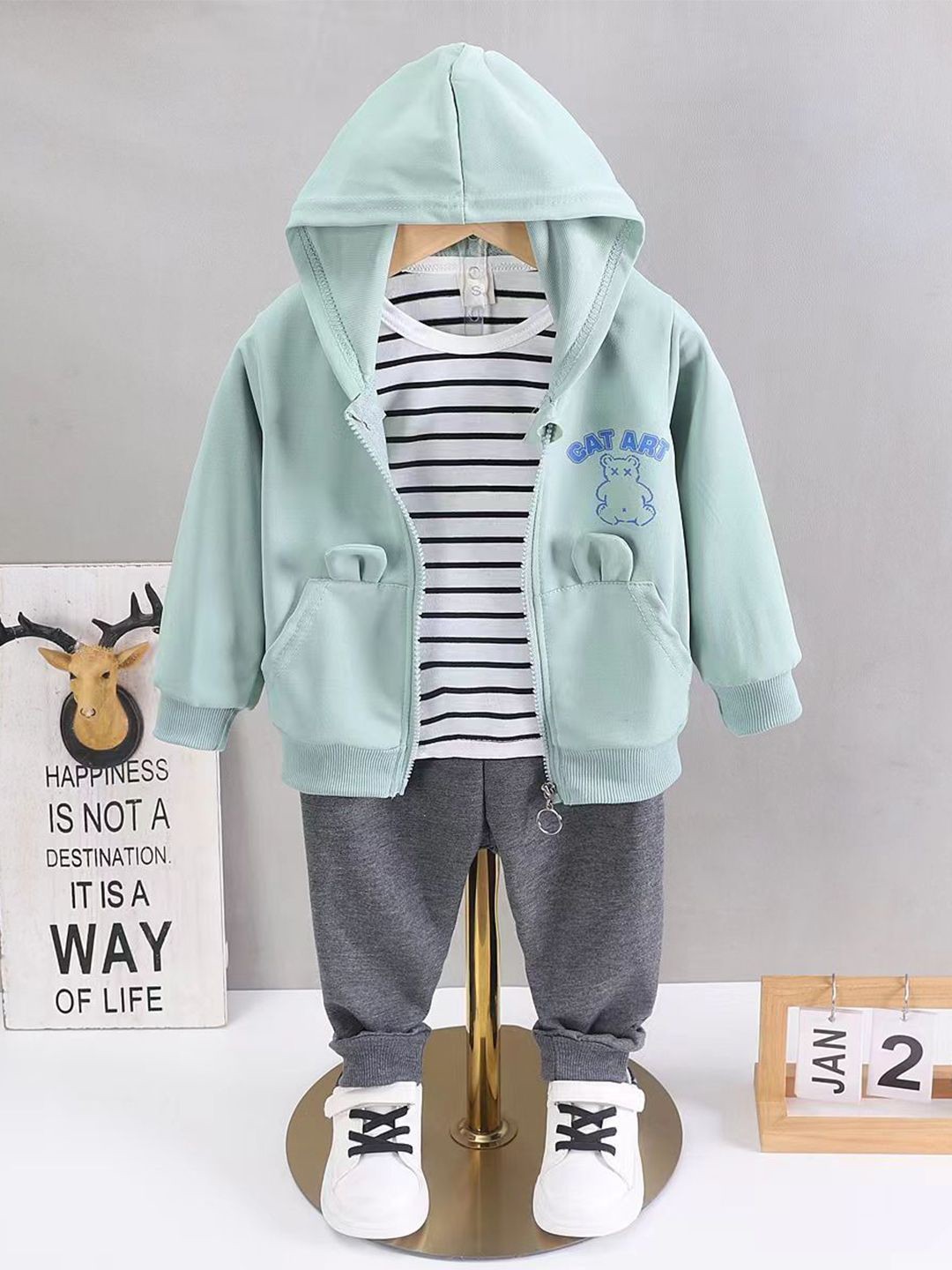 

Bold N Elegant Kids Printed T-shirt with Hooded Jacket & Joggers, Green