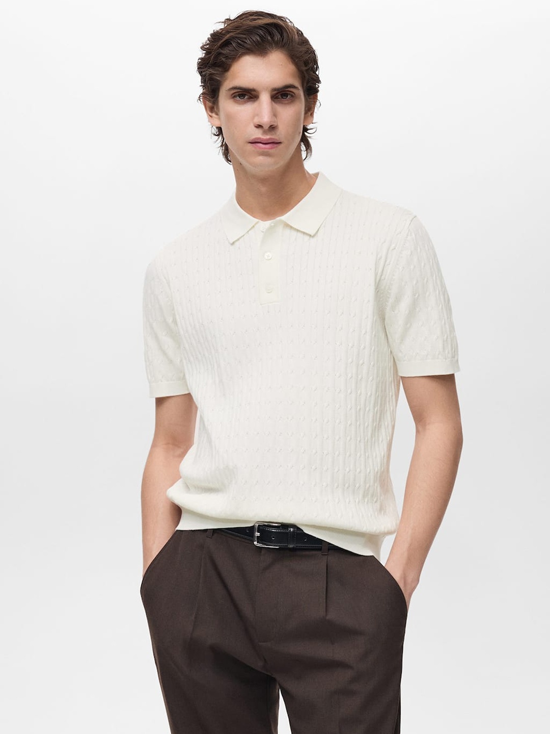 

MANGO MAN Polo Collar Cable Knit Pure Cotton Knitted T-shirt, White