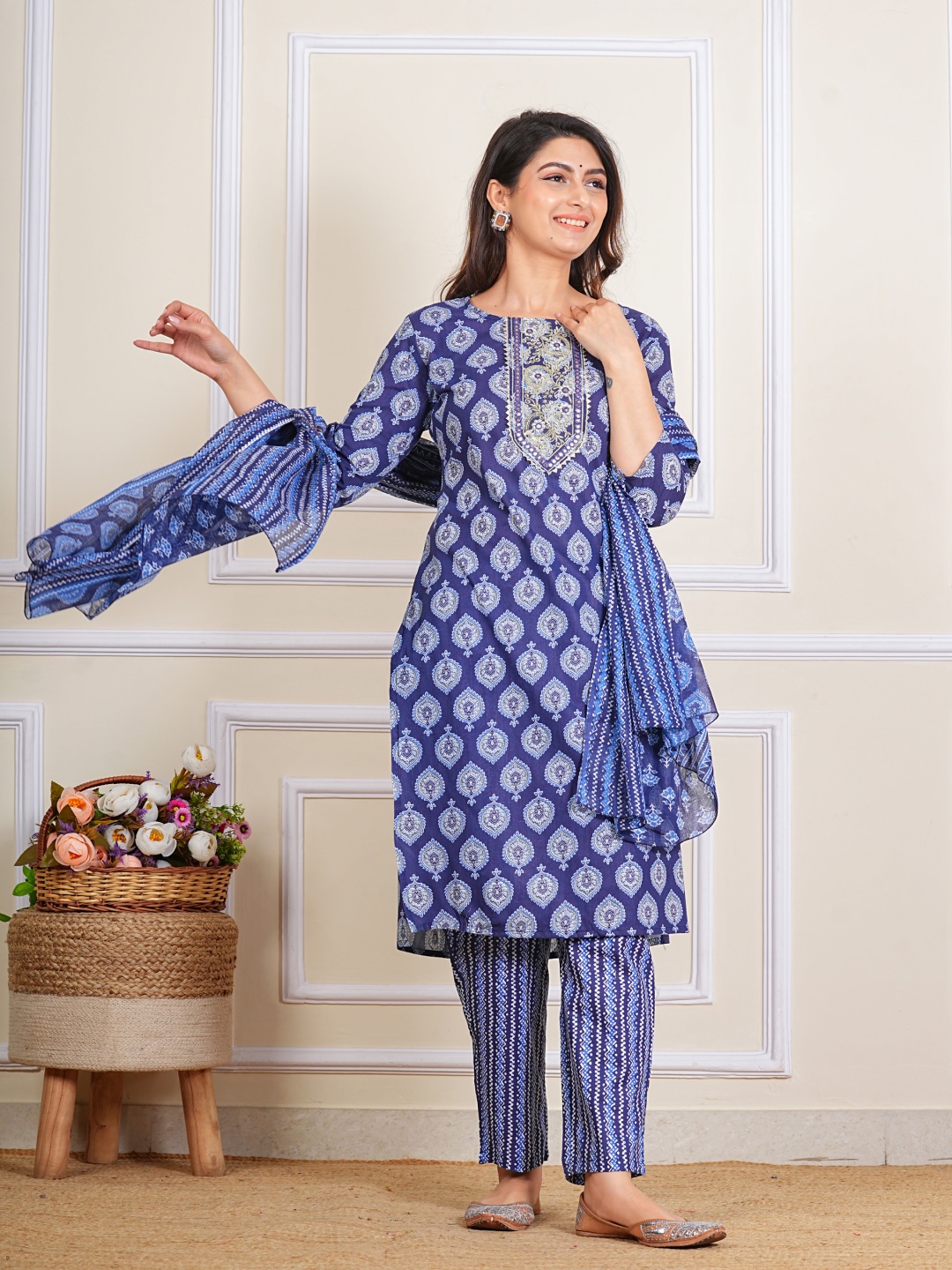 

Moda Rapido Floral Printed Mirror Work Pure Cotton Kurta With Trousers And Dupatta, Blue