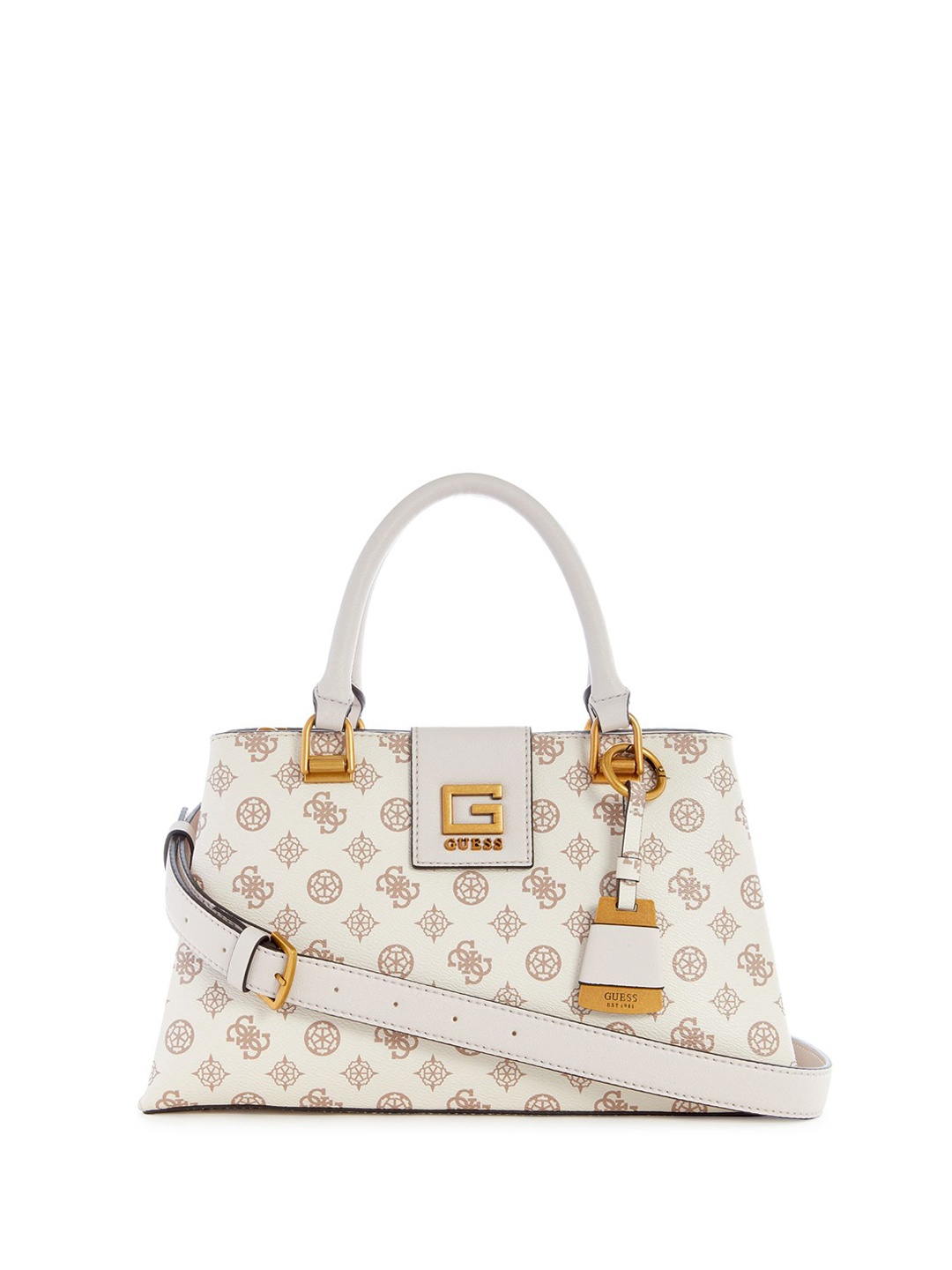 

GUESS Printed PU Structured Satchel with Cut Work, Cream
