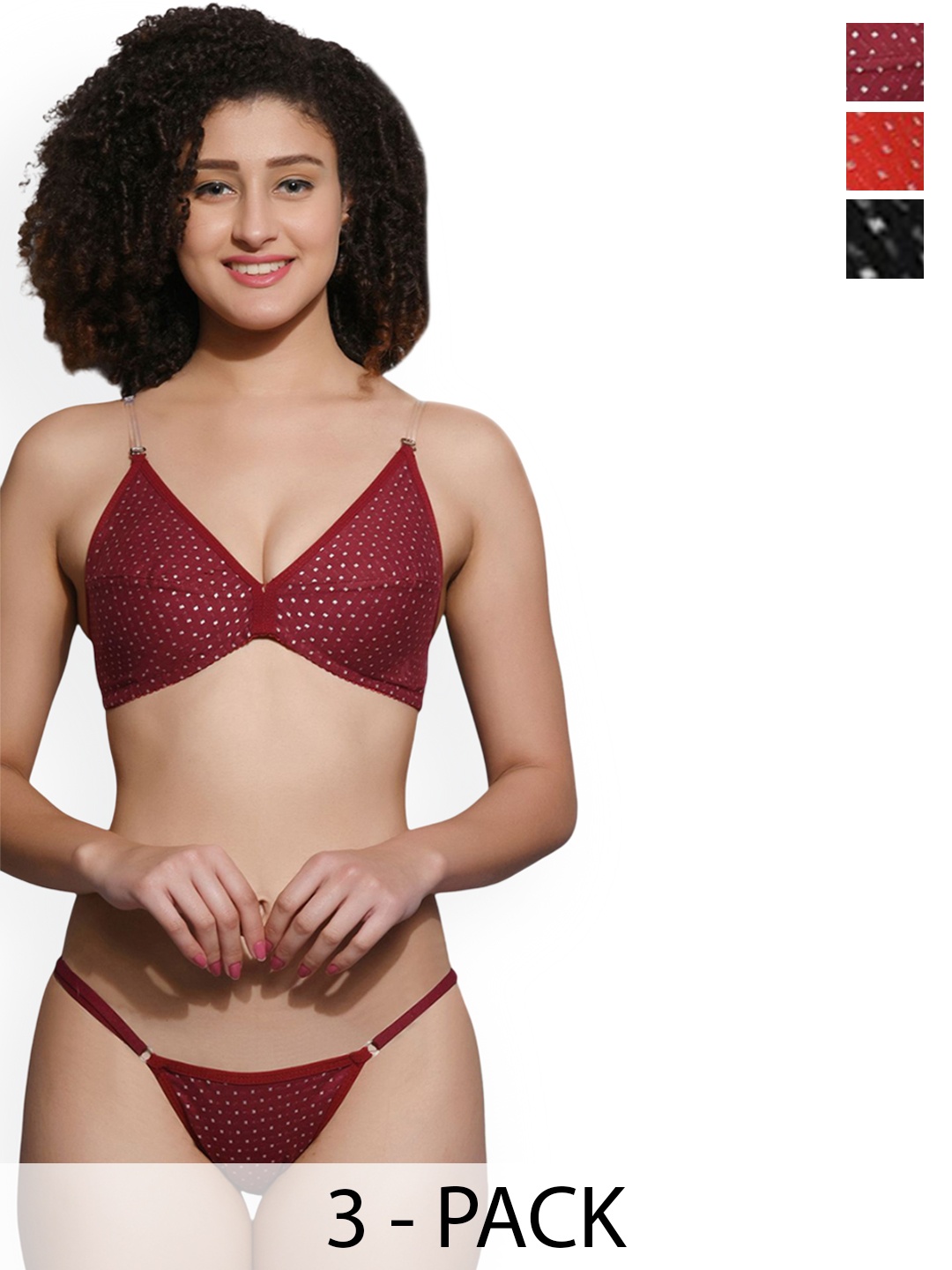

chia fashions Women Pack Of 3 Printed Non Padded Lingerie Set CHIAF-BIJLI-MRN-RED-BLK-30B, Maroon