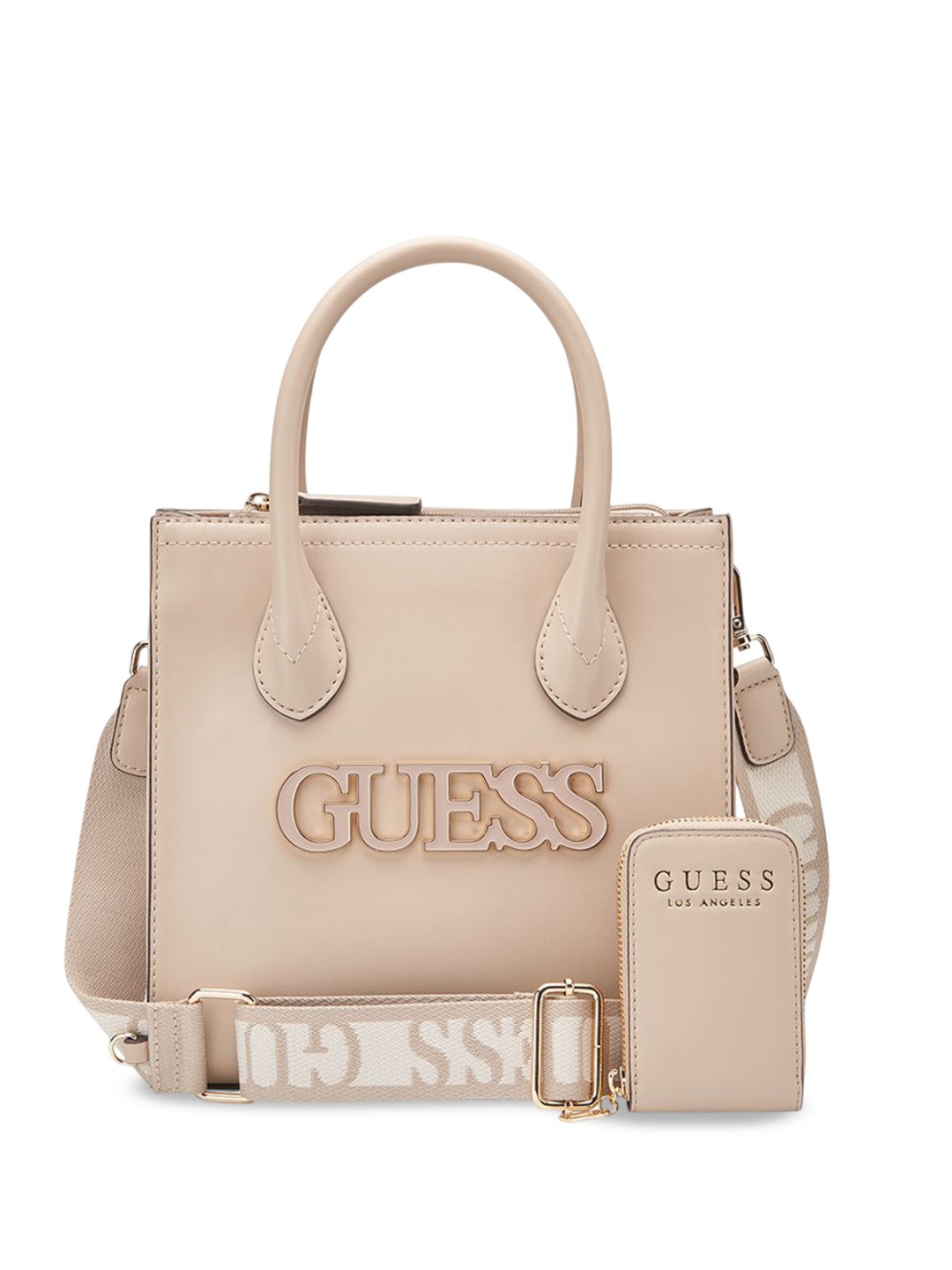 

GUESS PU Structured Shoulder Bag with Cut Work, Beige