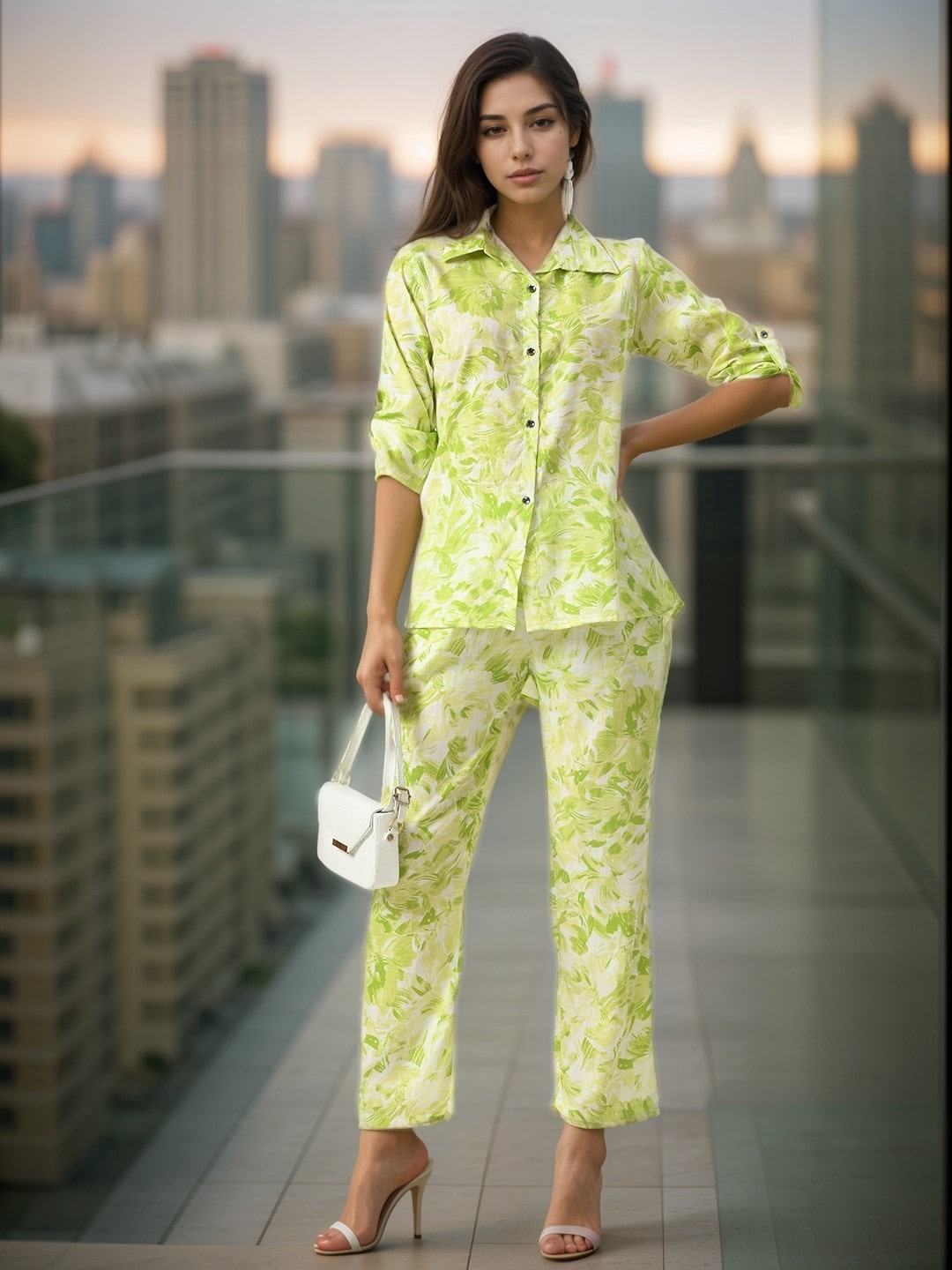 

BAESD Floral Printed Shirt Collar Shirt & Trousers, Green