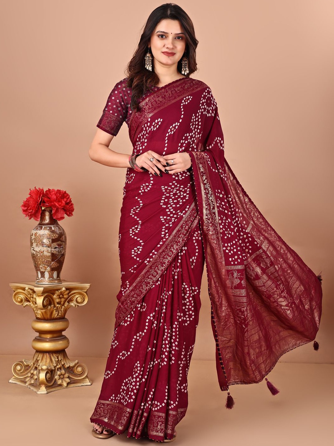 

LeeliPeeri Designer Bandhani Poly Chiffon Bandhani Saree, Maroon