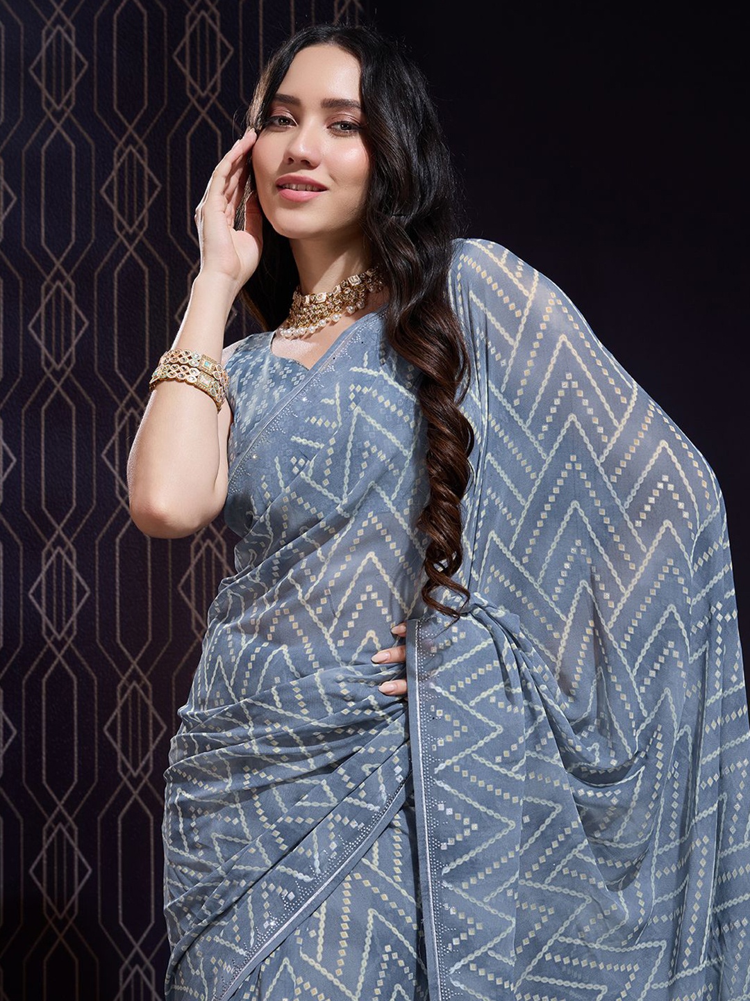 

Mitera Bandhani Beads and Stones Poly Chiffon Saree, Blue