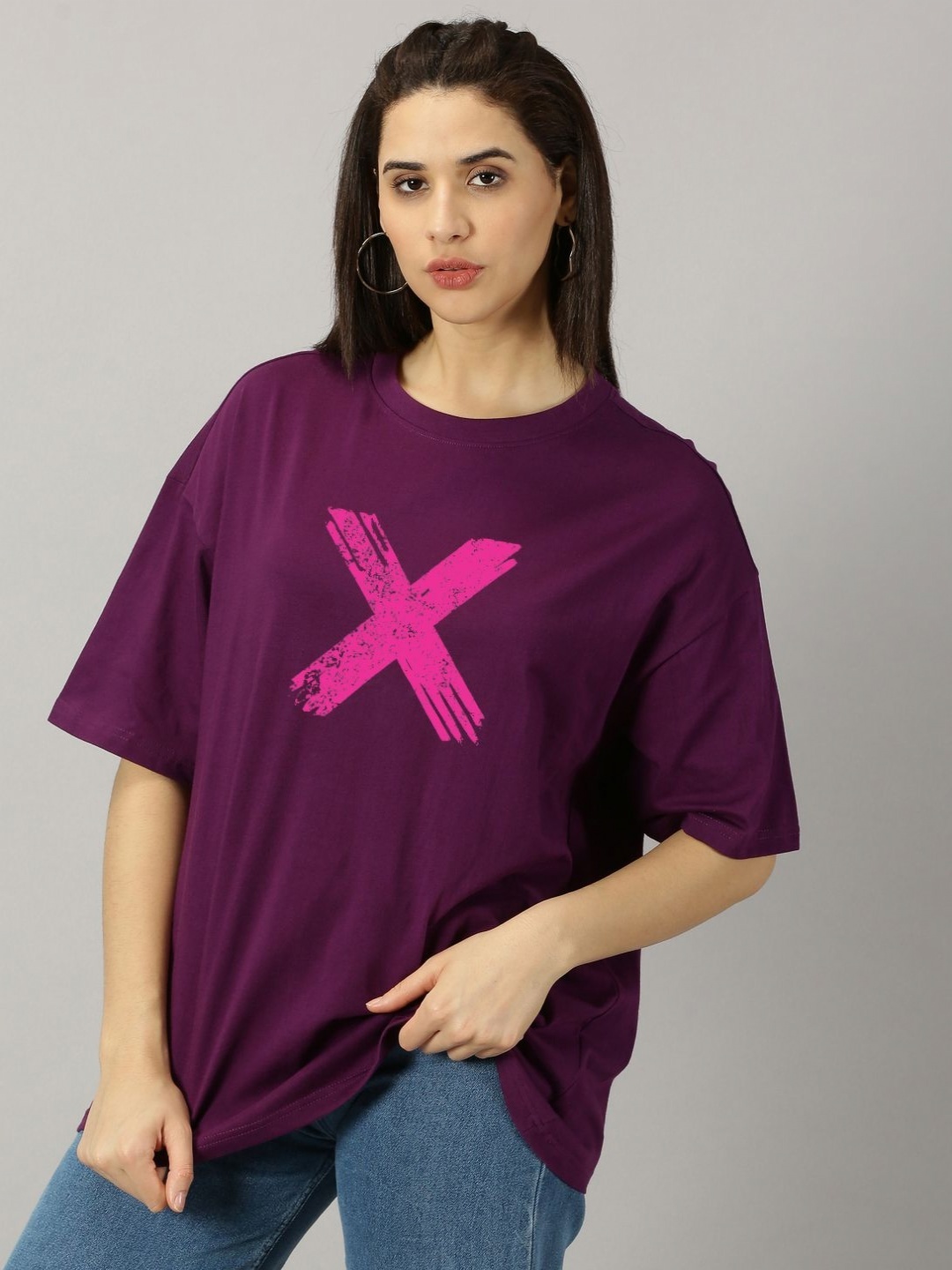 

THE HOLLANDER Women Typography Printed Round Neck Cotton Oversized T-shirt, Purple