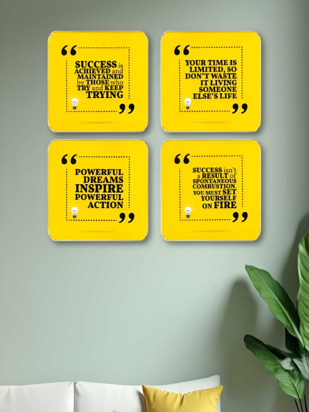 

Myntra Elegant Homes Yellow & Black 4 Piece Motivational Quotes Wooden Wall Art