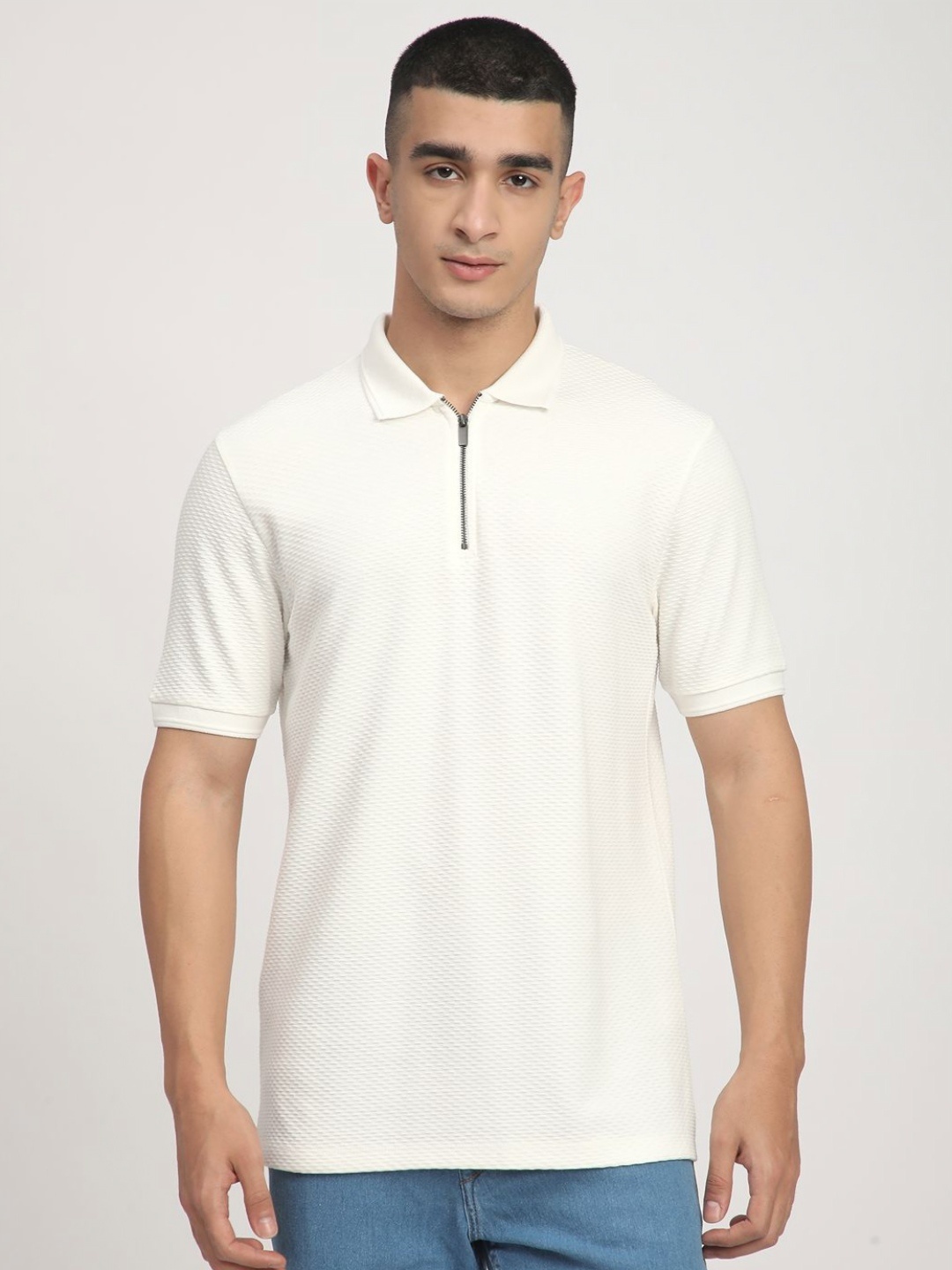 

R&B Men Self Design Polo Collar Cotton T-shirt, White