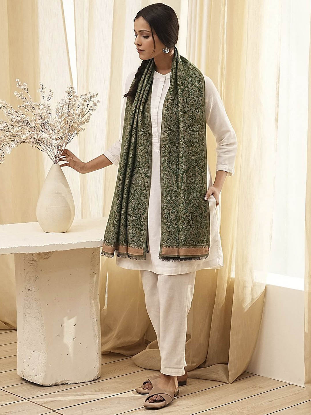 

Biba Ethnic Motifs Printed With Fringed Border Shawl, Green