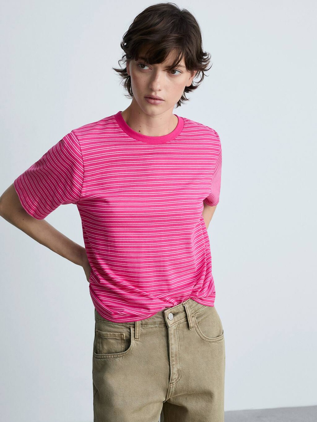

MANGO Women Striped Pure Cotton T-shirt, Pink