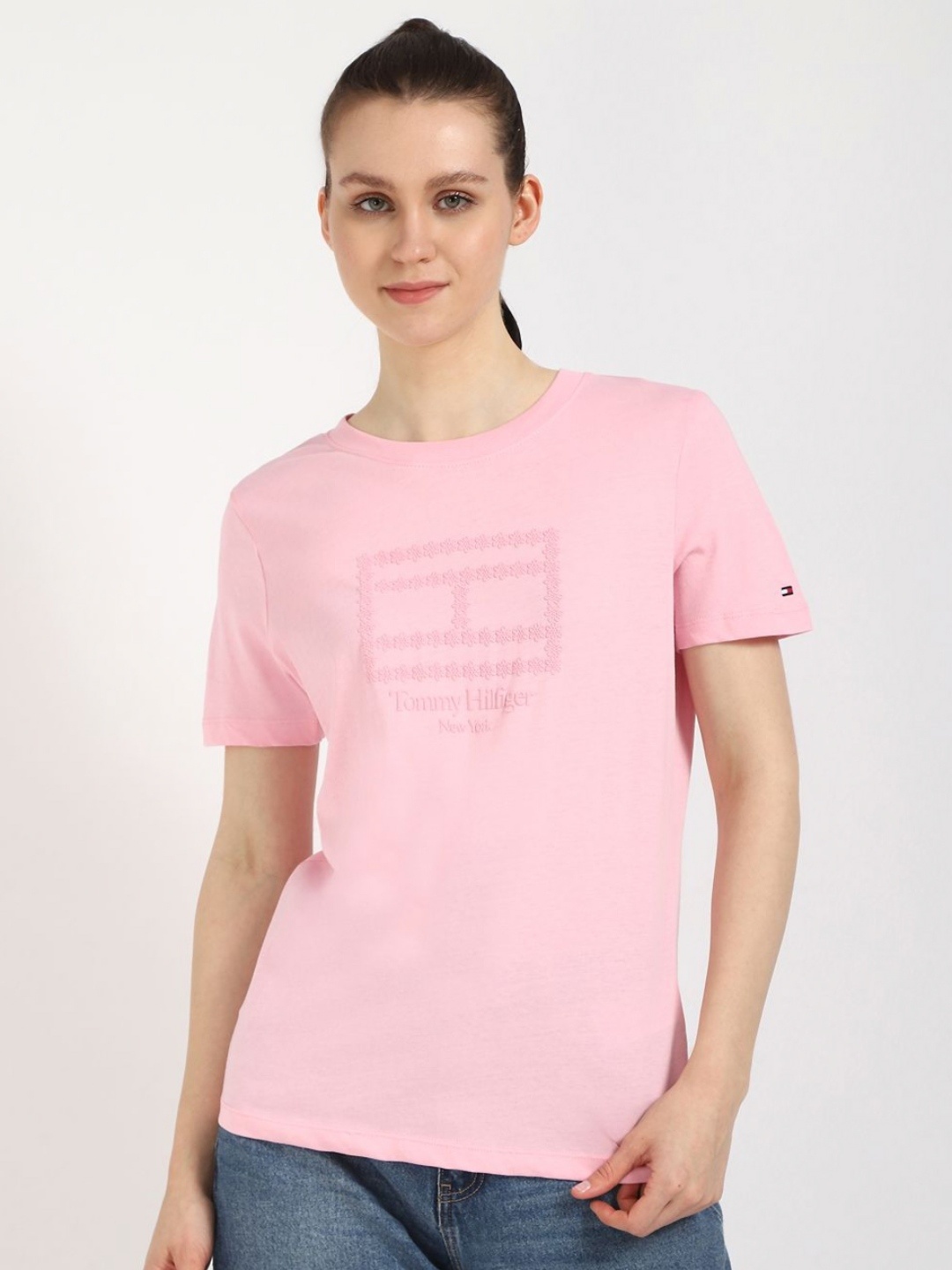 

Tommy Hilfiger Women Graphic Printed Round Neck Cotton T-shirt, Pink