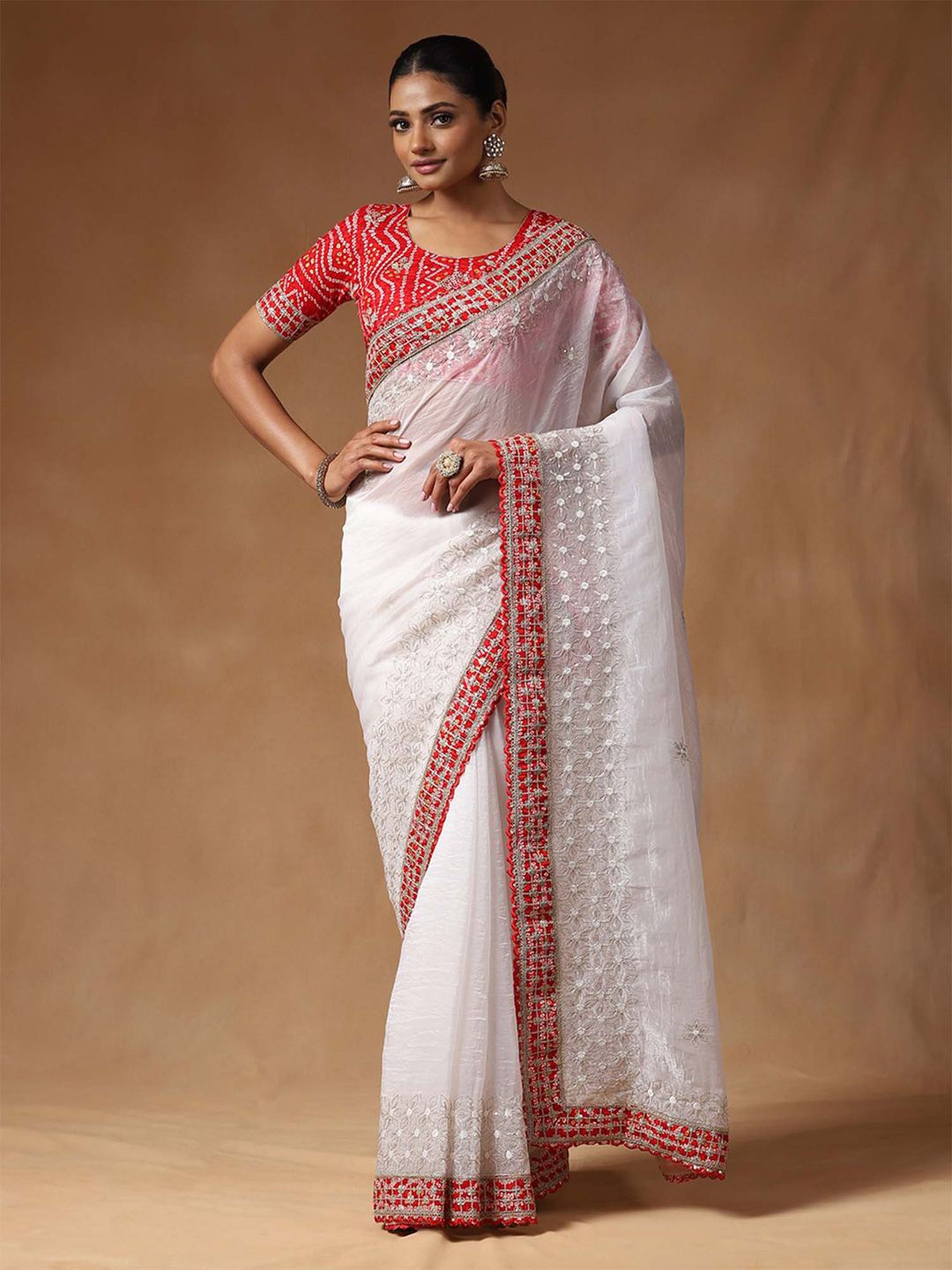 

Saree mall Floral Sequinned Tissue Designer Bandhani Sarees, White