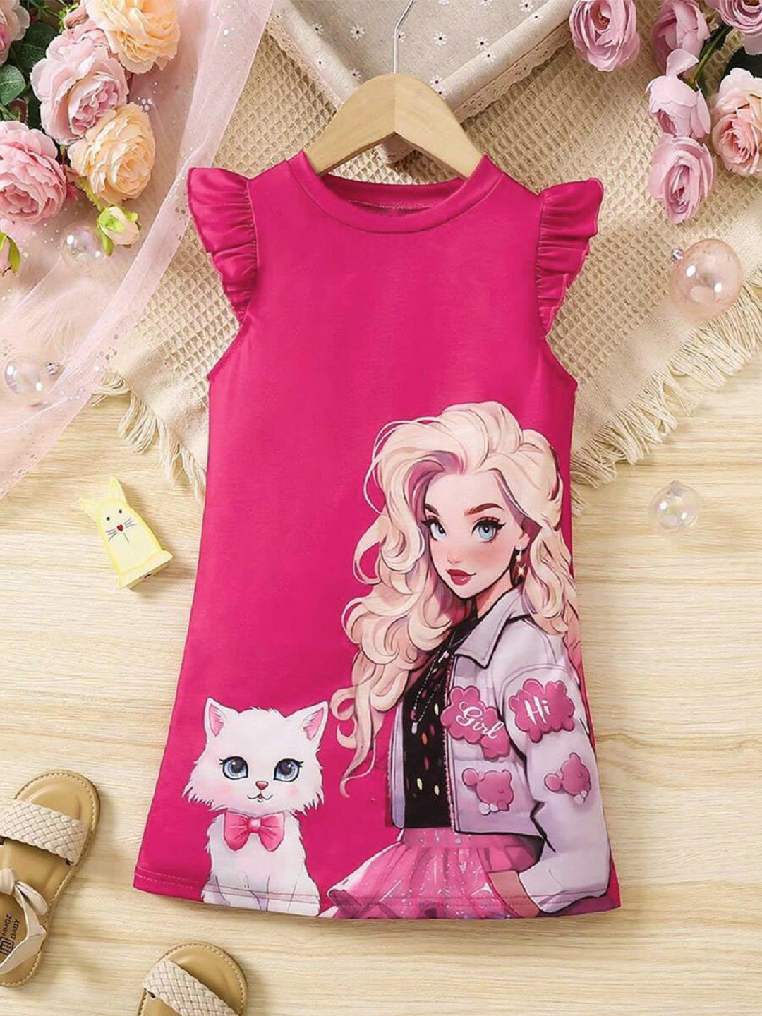 

Miss & Chief Girls Graphic Cartoon Print Flutter Sleeves Shift Dress, Pink