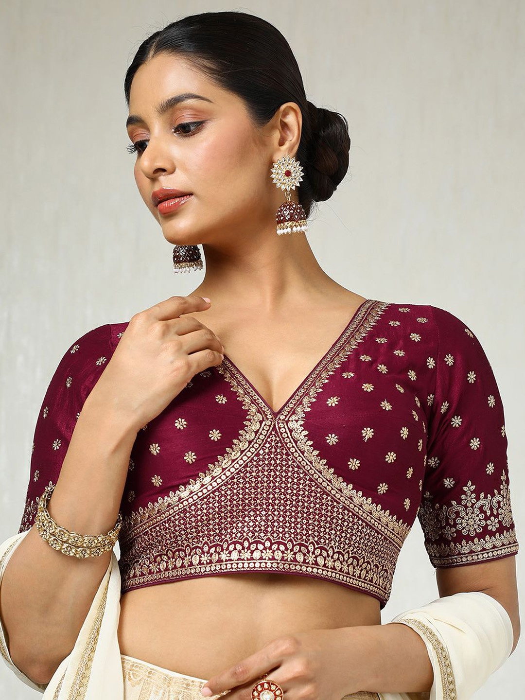 

Soch Embroidered v Neck Padded Saree Blouse With Sequins, Maroon