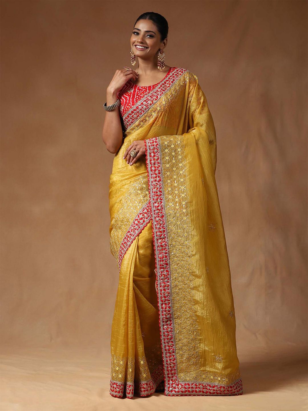 

Saree mall Tissue Printed Saree with Blouse Piece, Yellow
