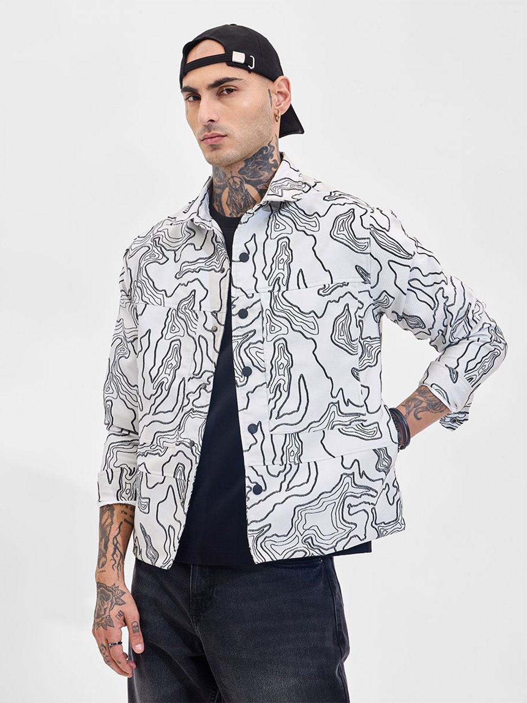 

Snitch Men Relaxed Fit Spread Collar Abstract Printed Casual Shirt, White
