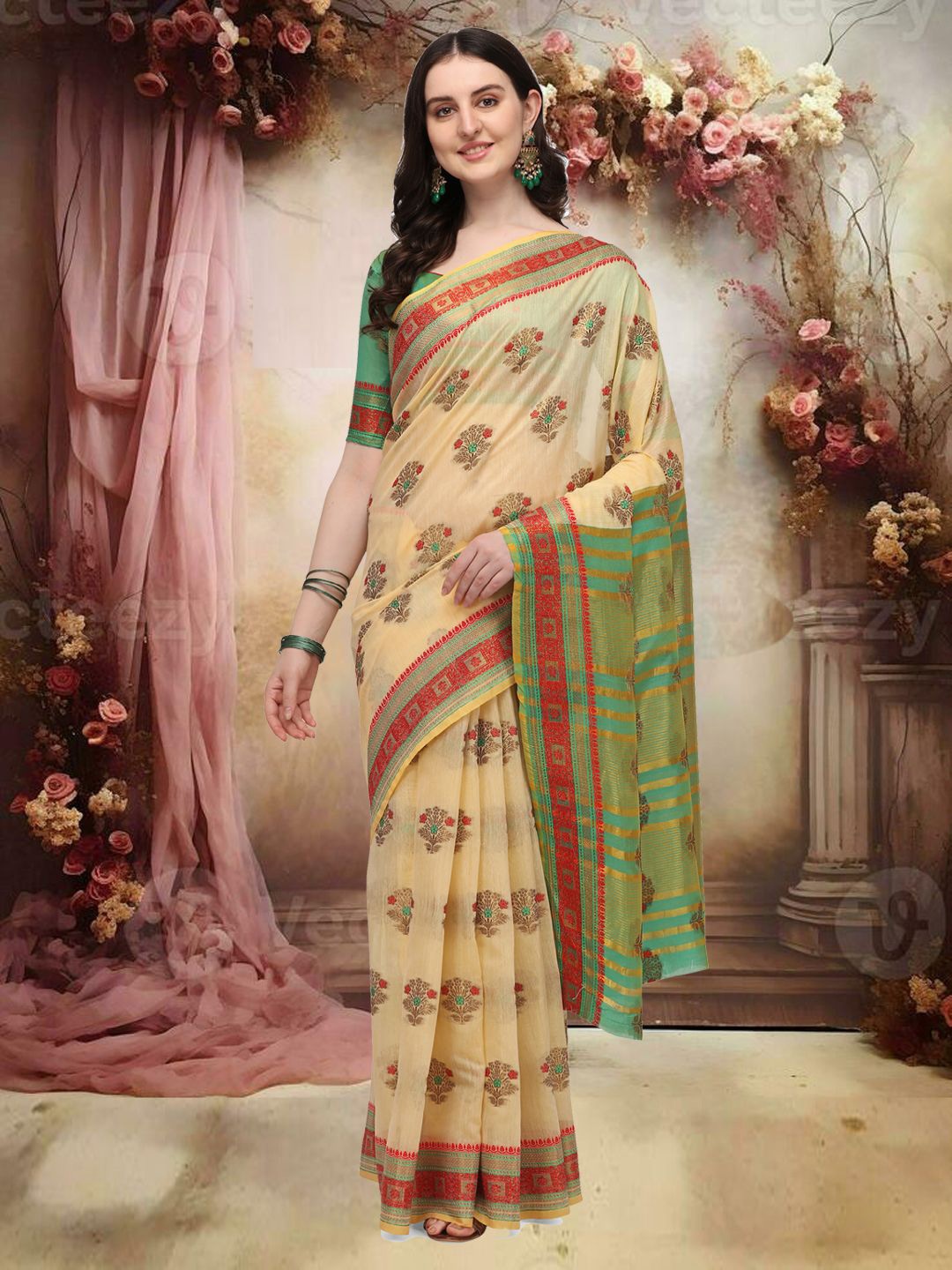 

DIVASTRI Woven Design Zari Silk Cotton Saree, Cream