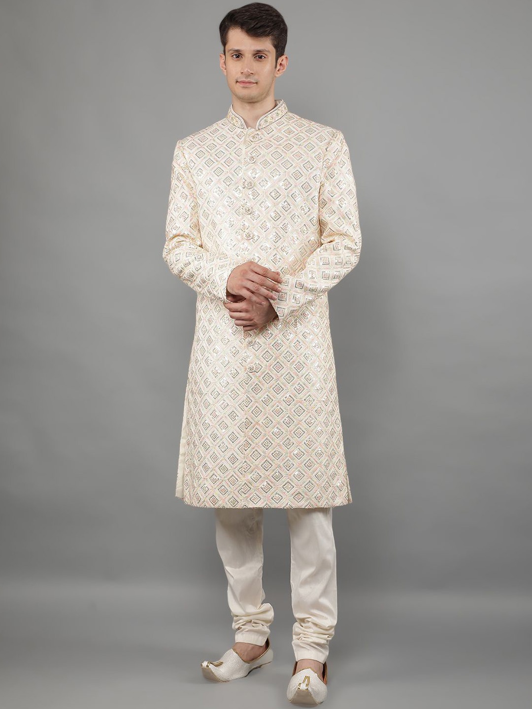 

Manish Creations Sequin Embroidered Sherwani Set With Duppata, Peach