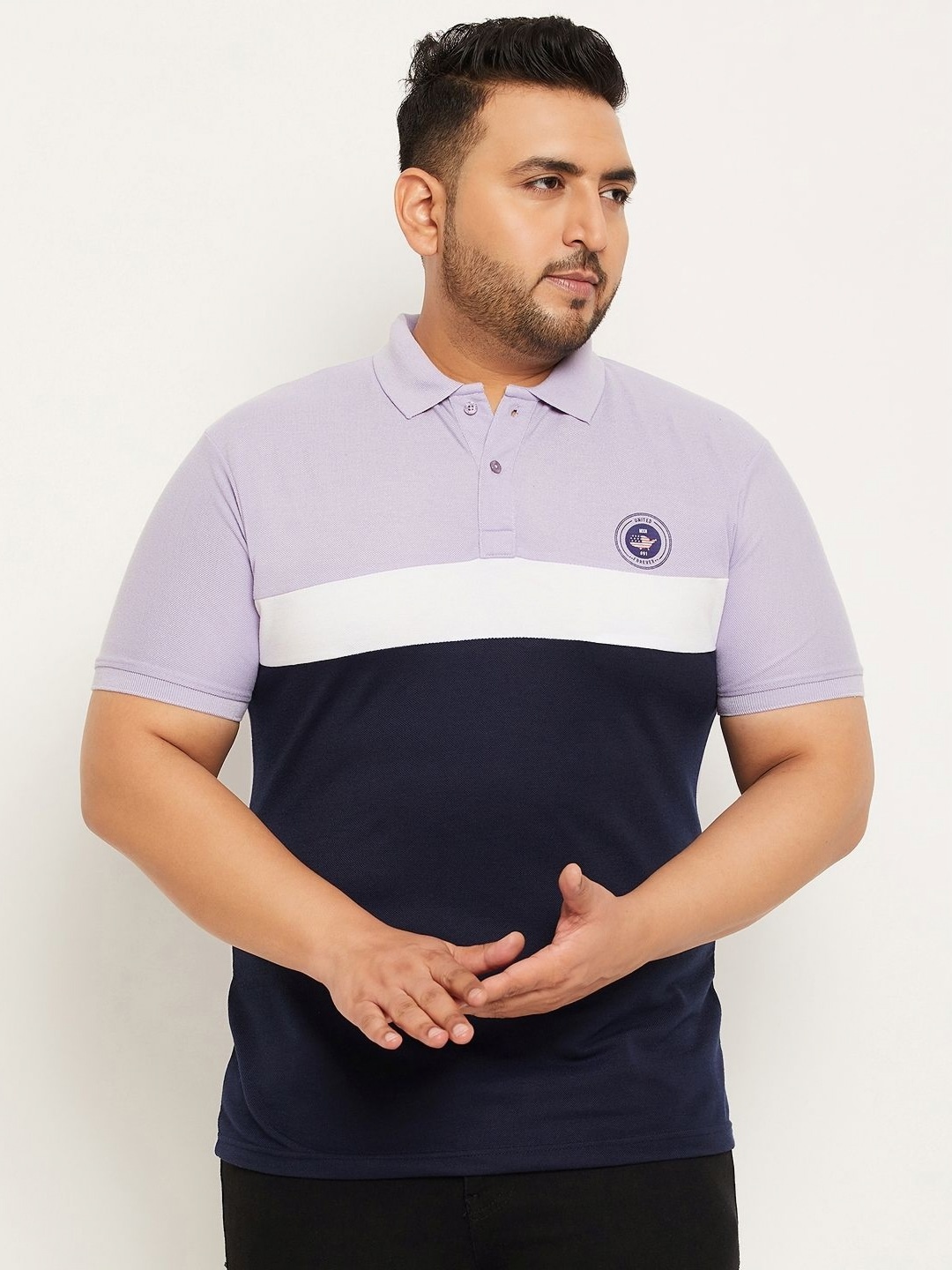 

MXN Men Plus Size Colourblocked Polo Collar Cotton T-shirt, Navy blue