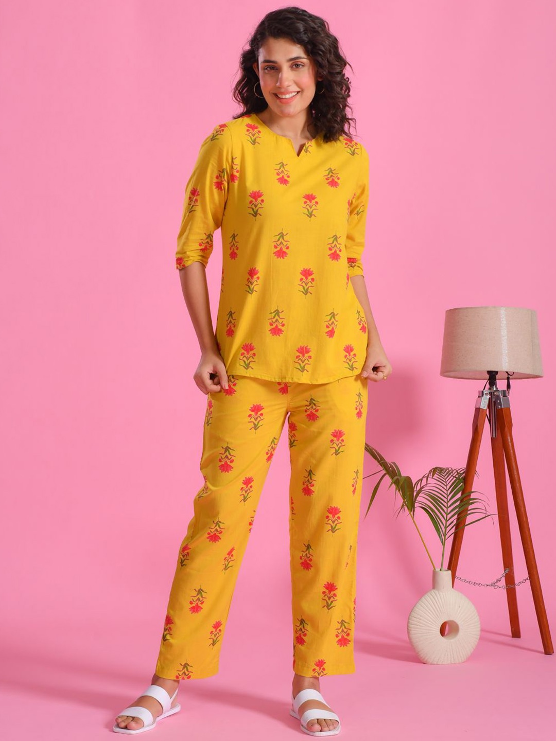 

SANSKRUTIHOMES Printed V-Neck Pure Cotton Top With Trousers Co-Ords, Mustard