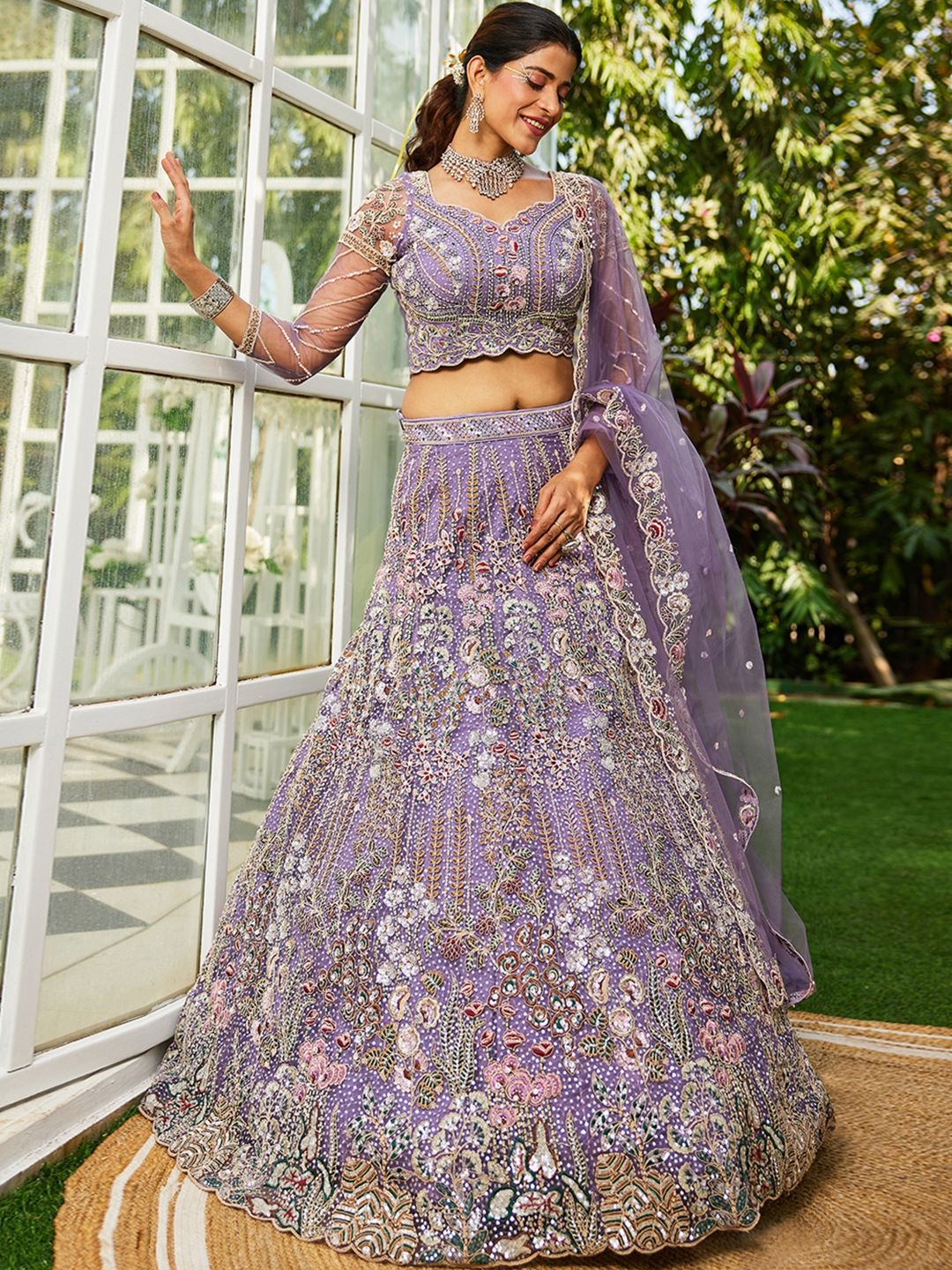 

panchhi Embroidered Sequinned Semi-Stitched Lehenga & Unstitched Blouse With Dupatta, Lavender