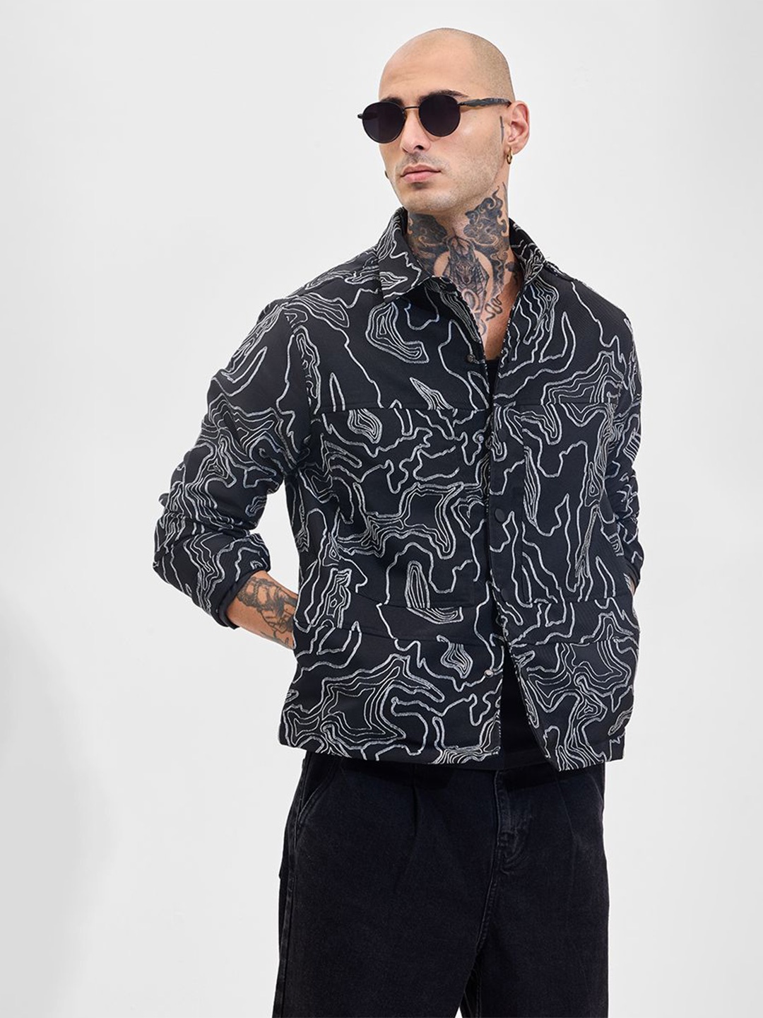 

Snitch Men Relaxed Fit Spread Collar Abstract Printed Casual Shirt, Black