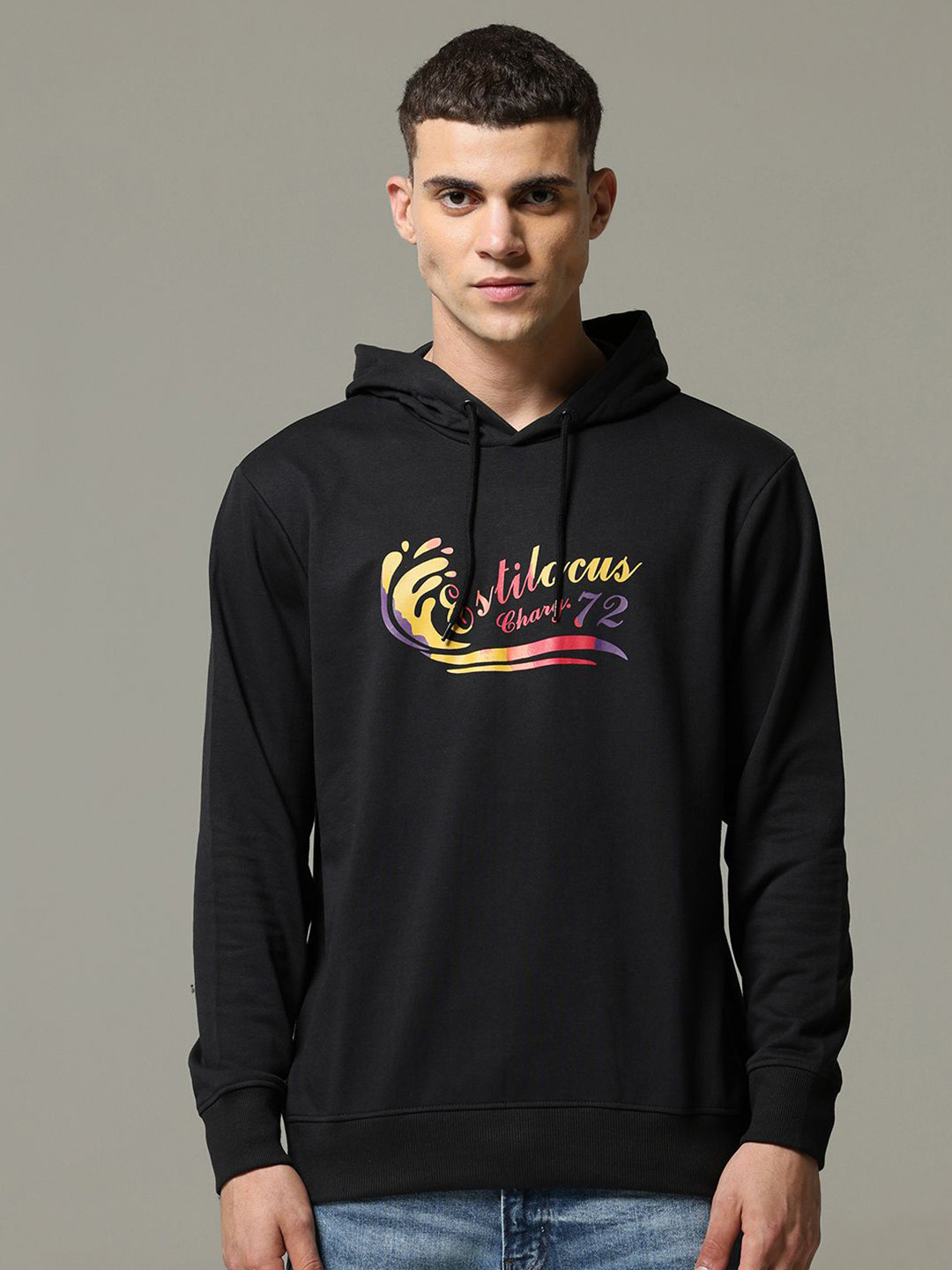 

Estilocus Men Graphic Printed Cotton Hooded Sweatshirt, Black