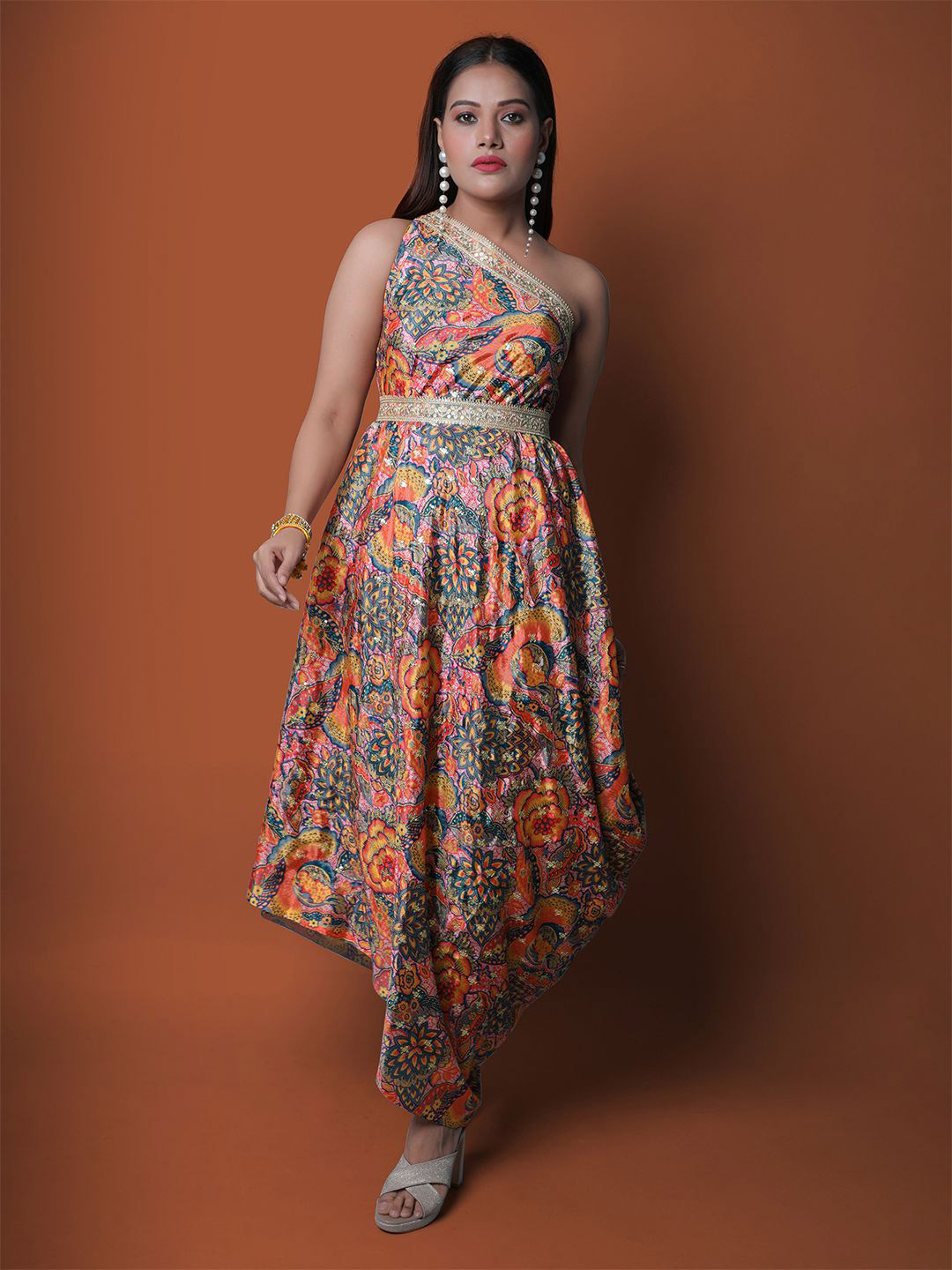 

Mystake By Meghna Shah Floral Print One Shoulder Chiffon Fit & Flare Maxi Dress, Blue