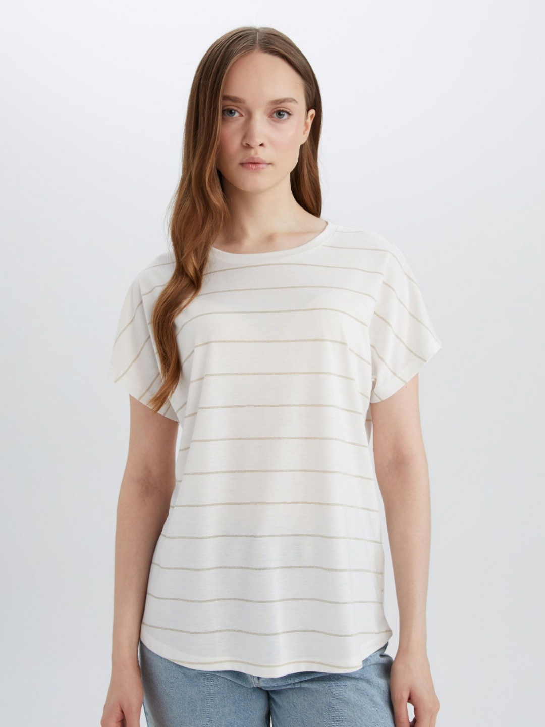 

DeFacto Women Striped Round Neck T-shirt, Off white
