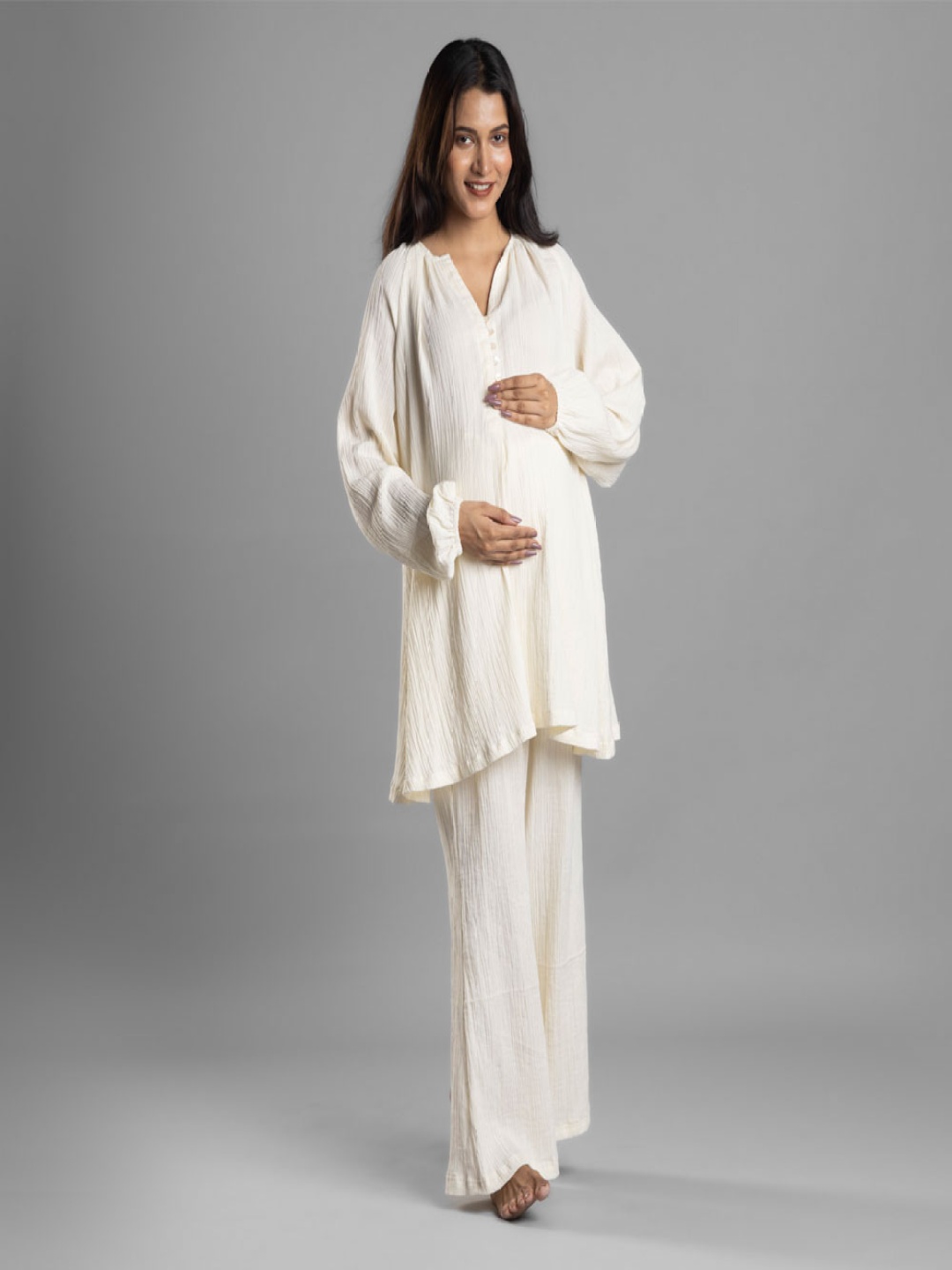 

Block Hop Maternity V-Neck Pure Cotton Tunic & Palazzos, White