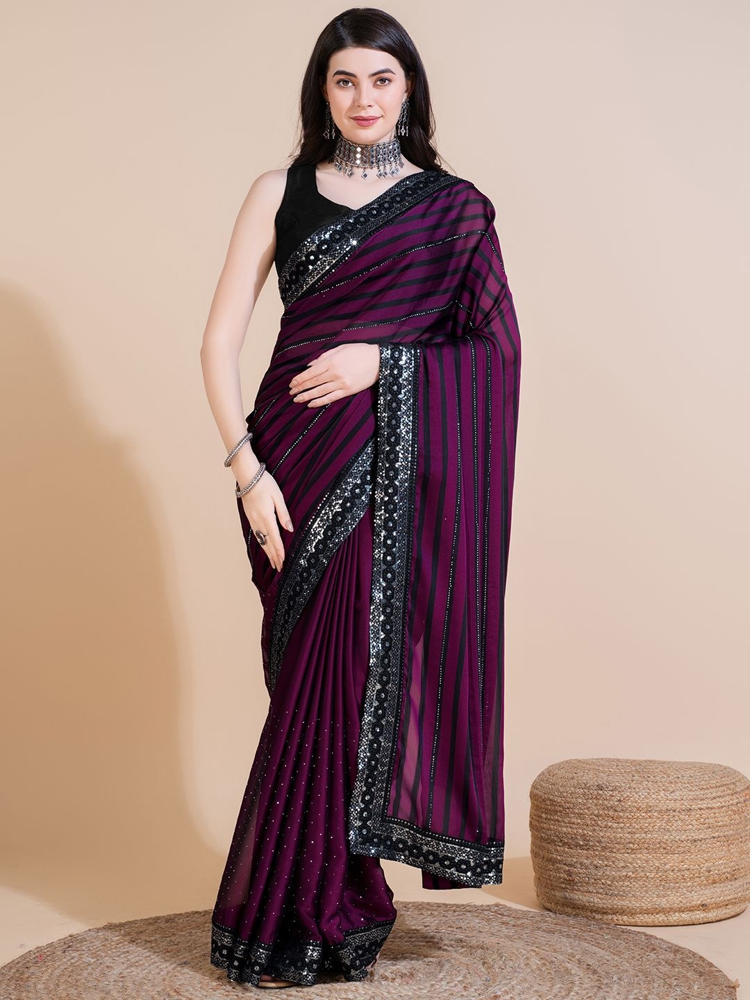 

LeeliPeeri Designer Striped Sequinned Saree With Unstitched Blouse Piece, Purple