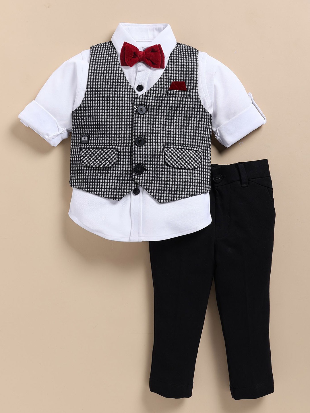 

LITTLE COLLARS Boys Checked Single-Breasted 3-Piece Suit, Black