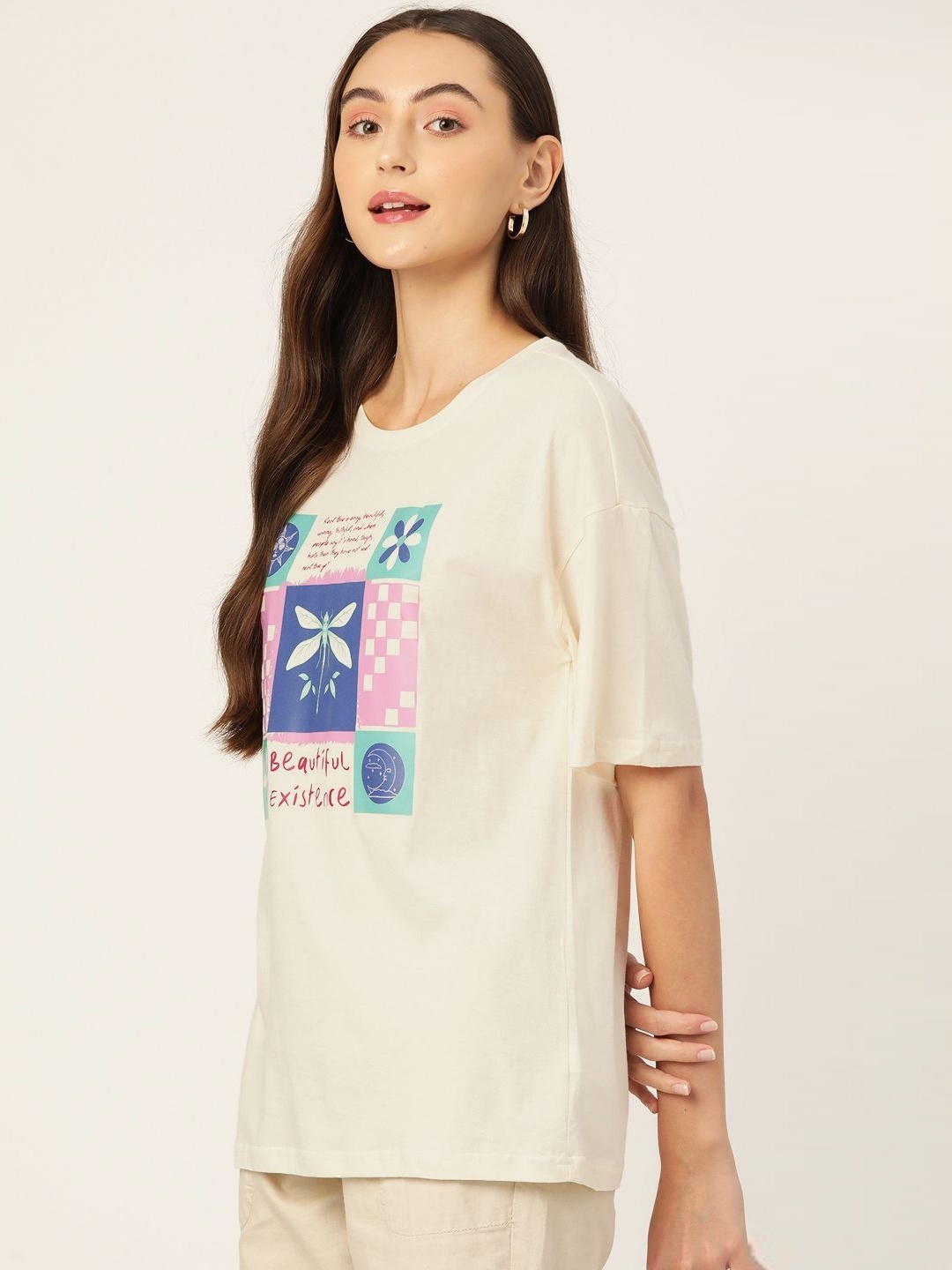 

DressBerry Women Graphic Printed Round Neck Cotton Oversized T-shirt, Beige