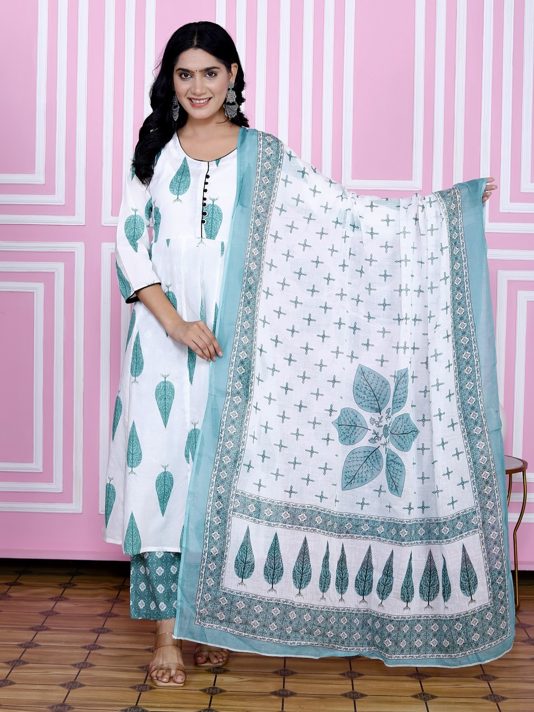 

KALINI Floral Printed U-Neck Anarkali Pure Cotton Kurta With Trousers And Dupatta, Turquoise blue