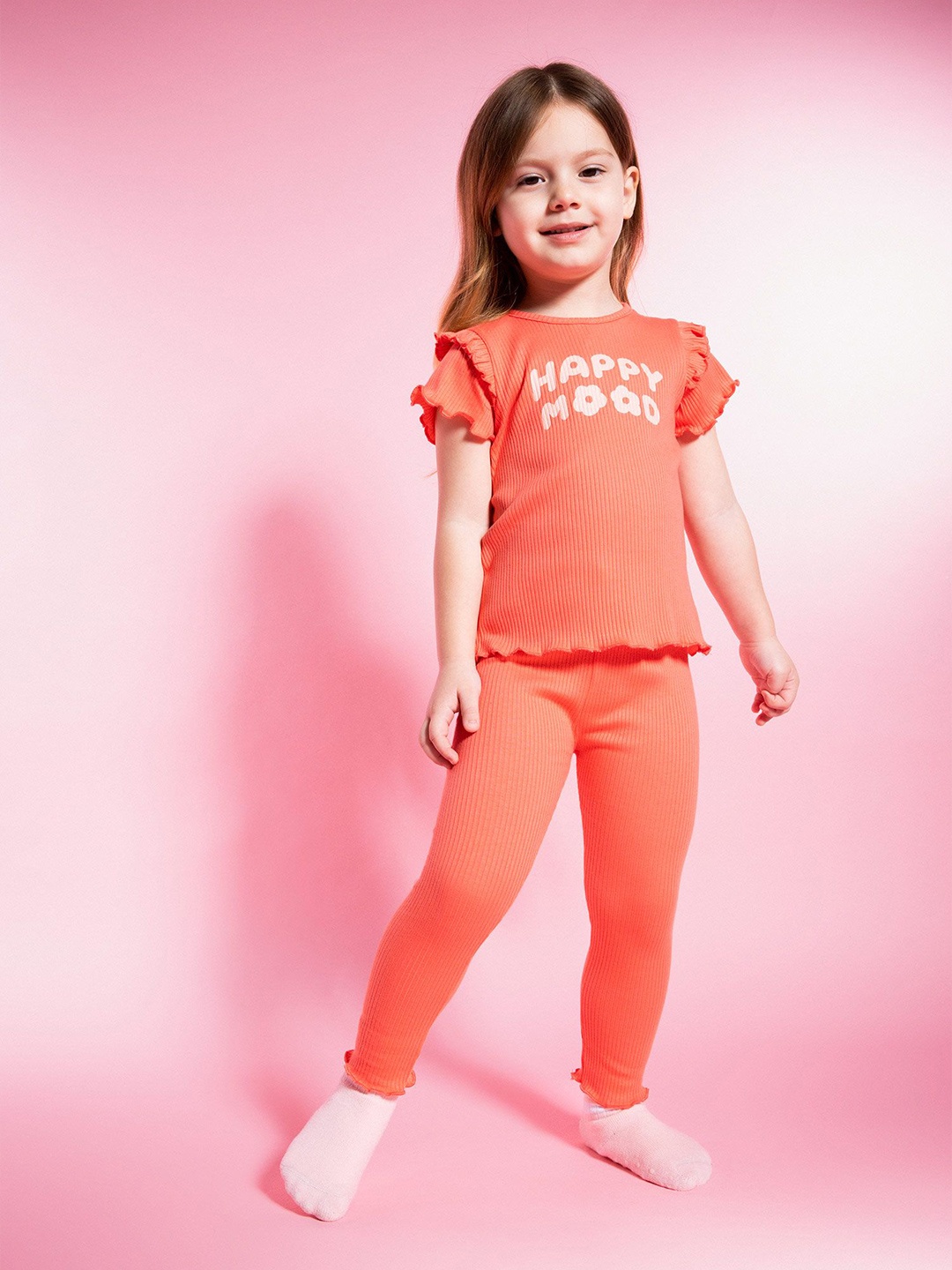 

DeFacto Girls Printed Pure Cotton Top With Leggings, Orange