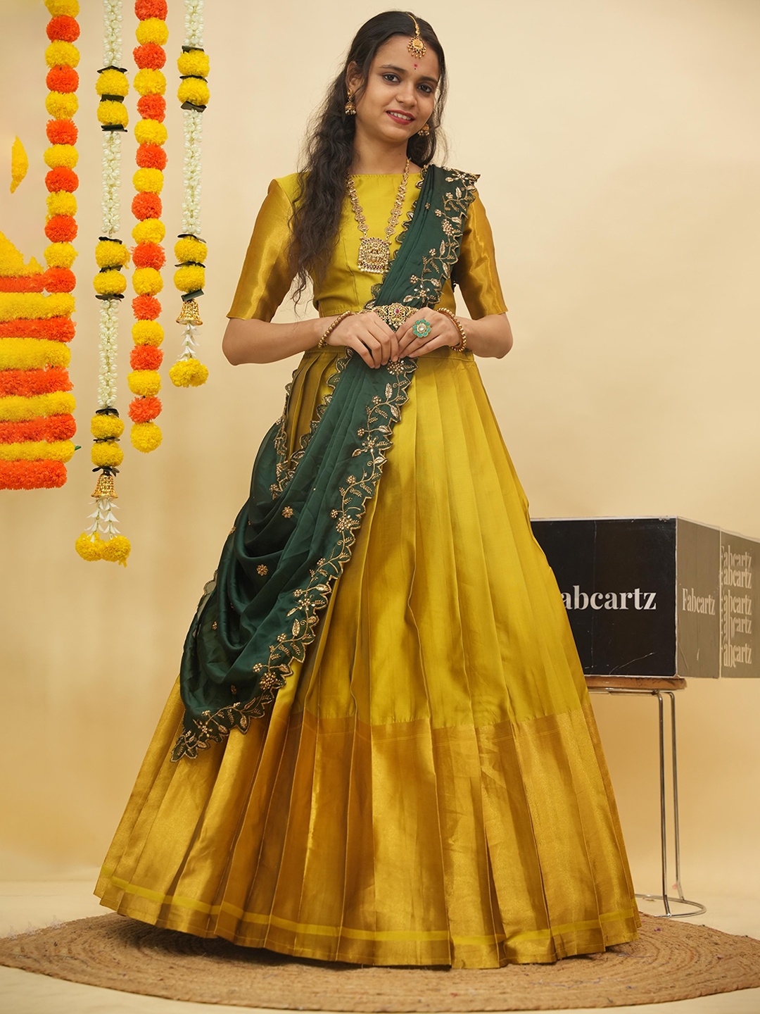 

Fabcartz Woven Design Zari Semi-Stitched Lehenga & Unstitched Blouse With Dupatta, Yellow