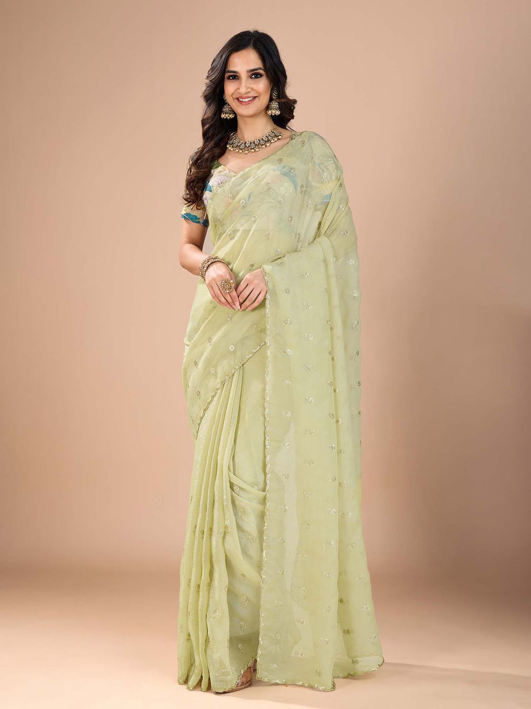 

Anouk Floral Sequinned Tissue Saree, Green