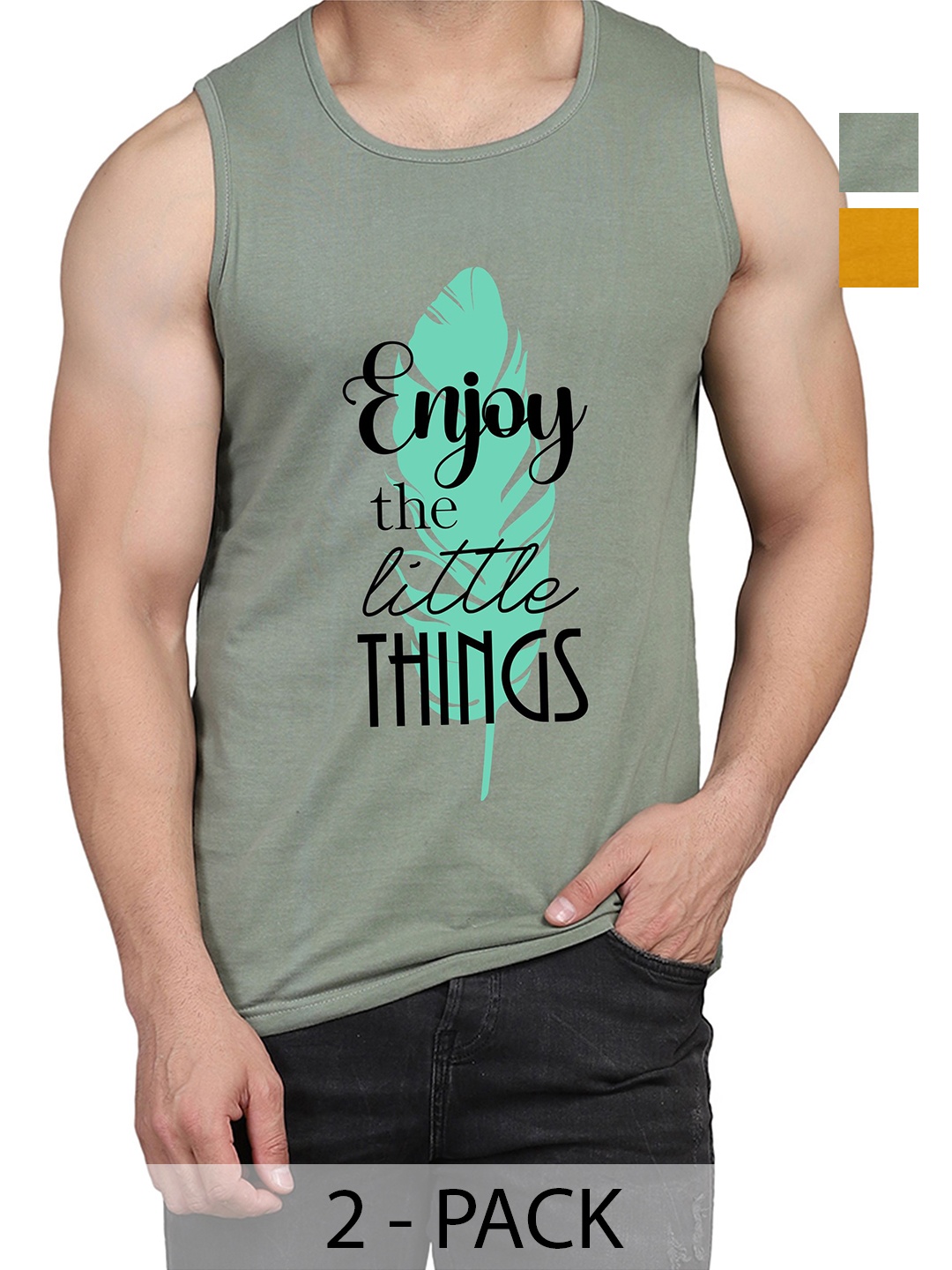 

WOOSTRO Men Pack Of 2 Typography Printed Round Neck Cotton Slim Fit T-shirts, Green