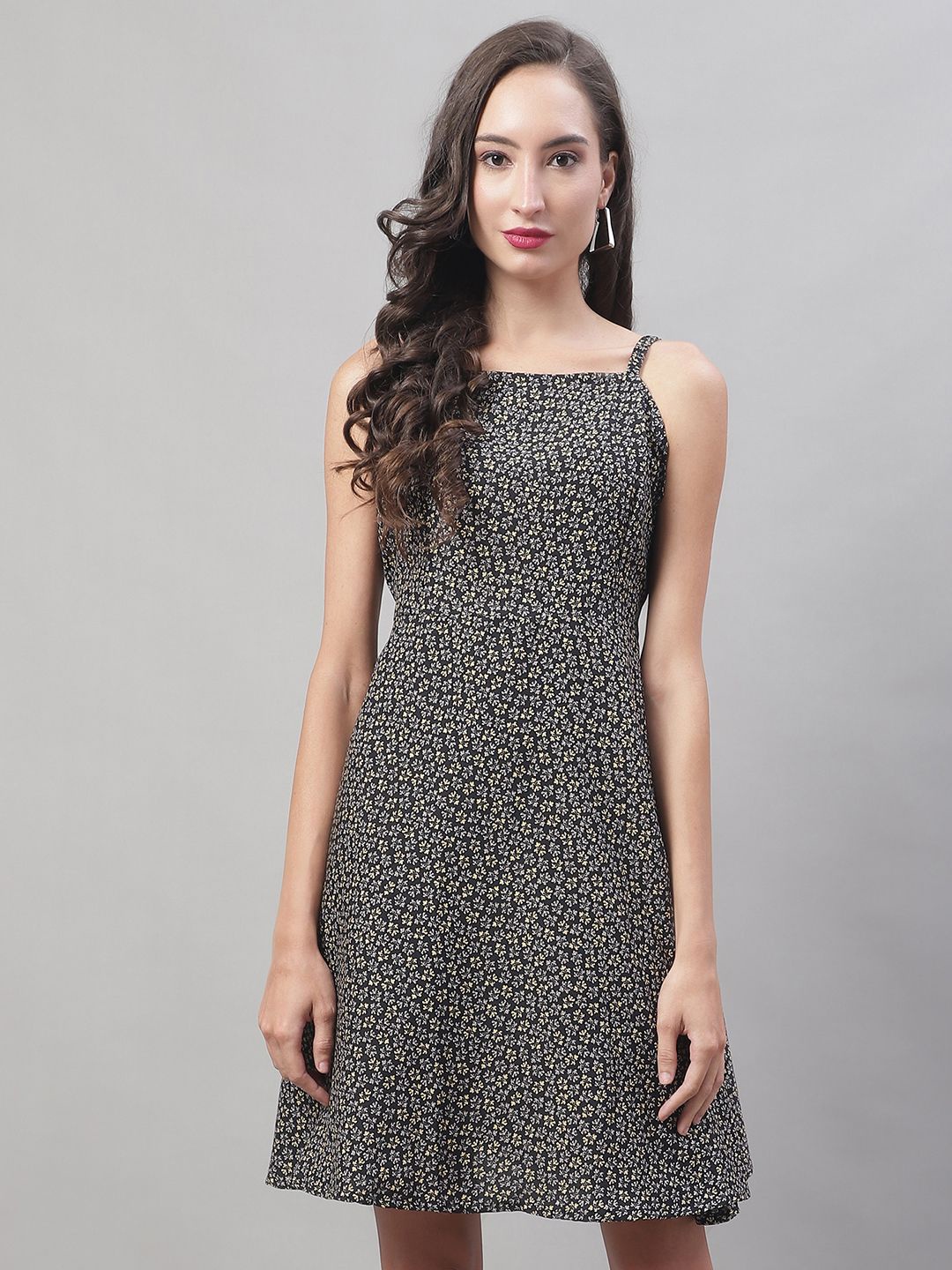 

JAINISH Floral Print Crepe Fit & Flare Dress, Charcoal
