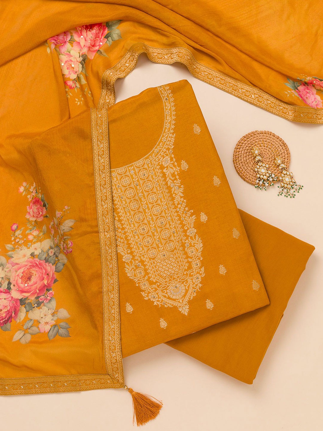 

Koskii Floral Woven Design Zariwork Semi Crepe Unstitched Salwar Suit, Yellow