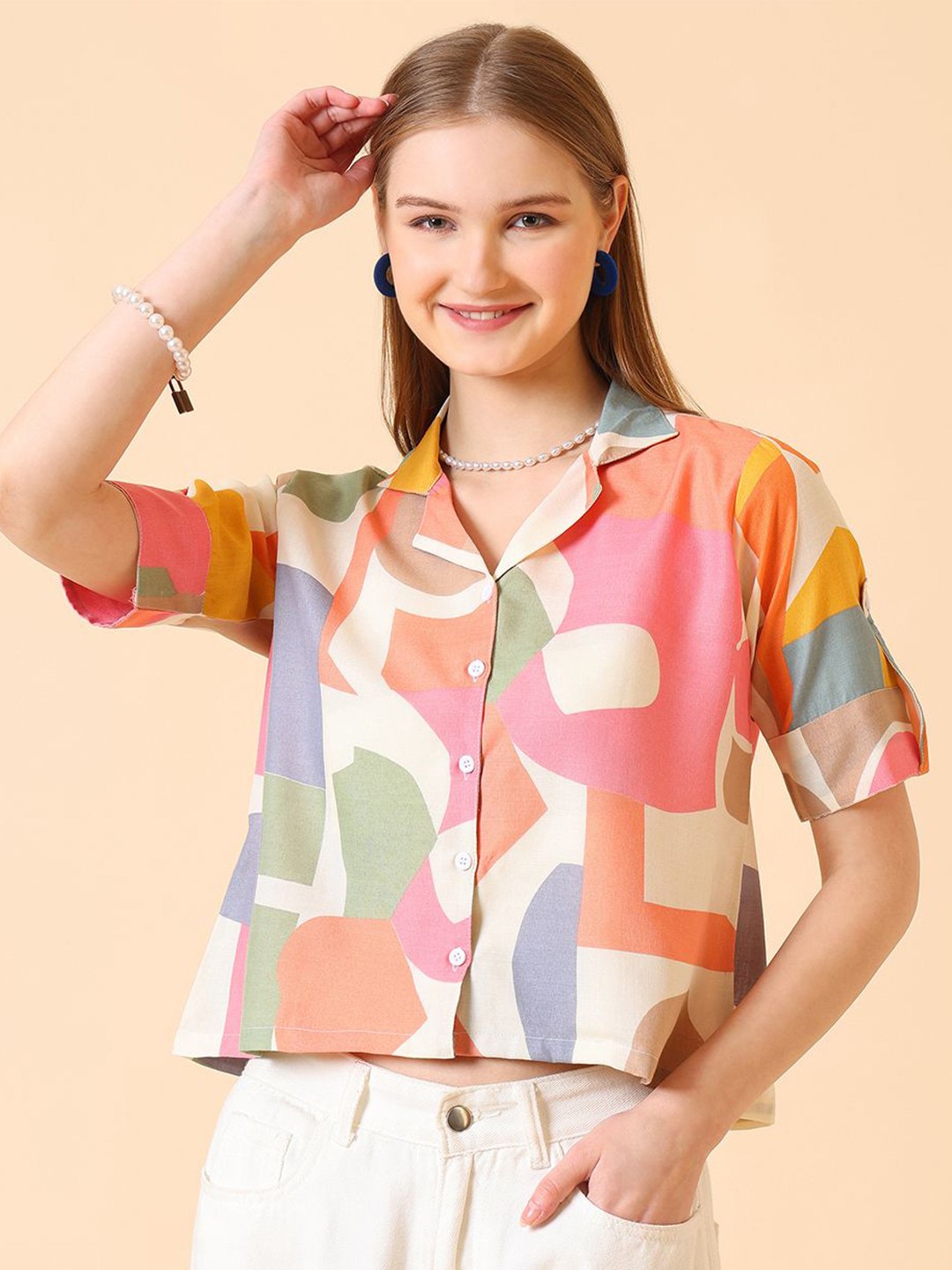 

CORSICA Women Colourblocked Lapel Collar Roll-Up Sleeves Cotton Top, Pink