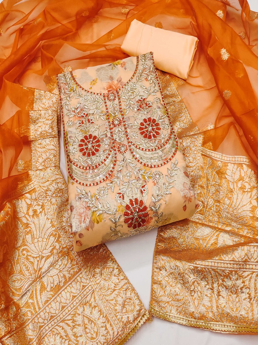 

Blissta Floral Embroidered Embellished Banarasi Unstiched Dress Material, Orange