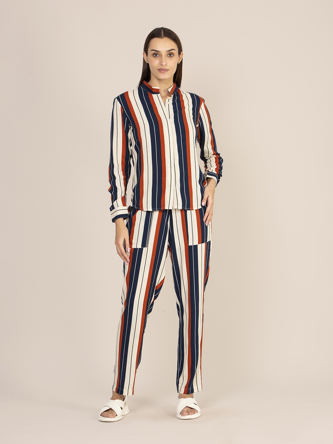 

AMSWAN Striped Mandarin Collar Shirt With Trousers, Navy blue