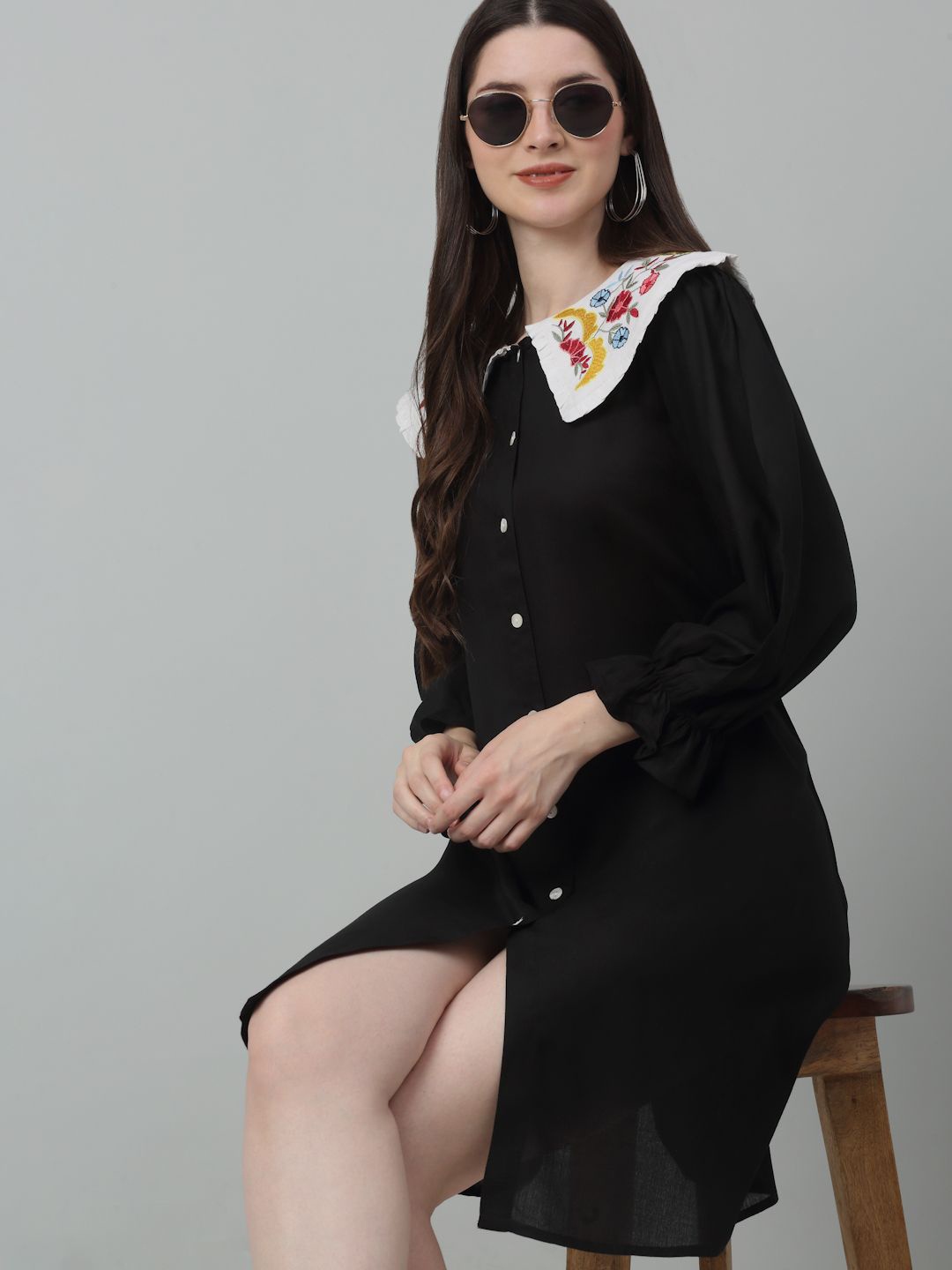

JAINISH Floral Embroidered Peter Pan Collar Bell Sleeve A-Line Dress, Black