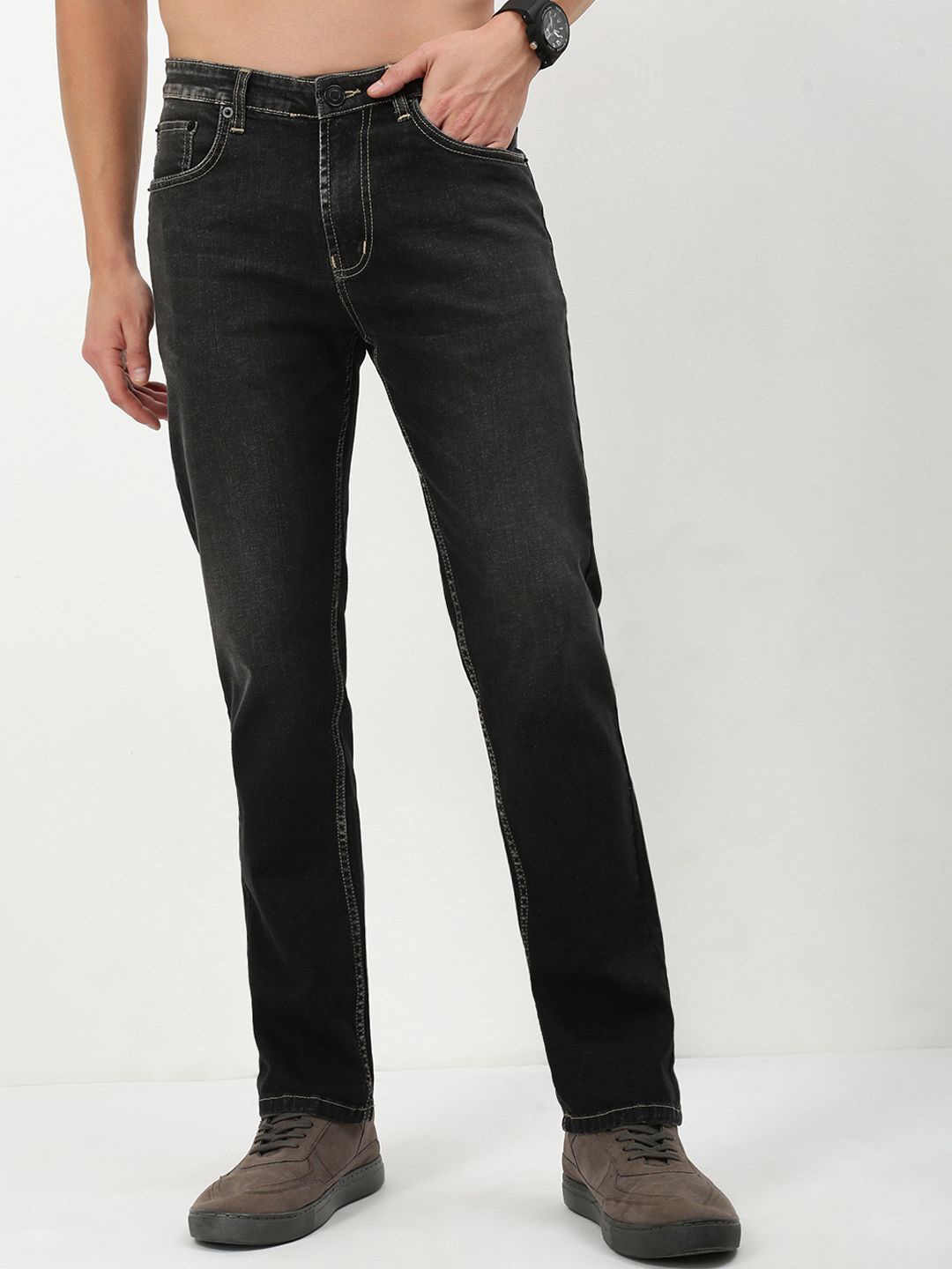 

SHOWOFF Men Comfort Straight Fit Low-Rise Light Fade Acid Wash Stretchable Jeans, Grey