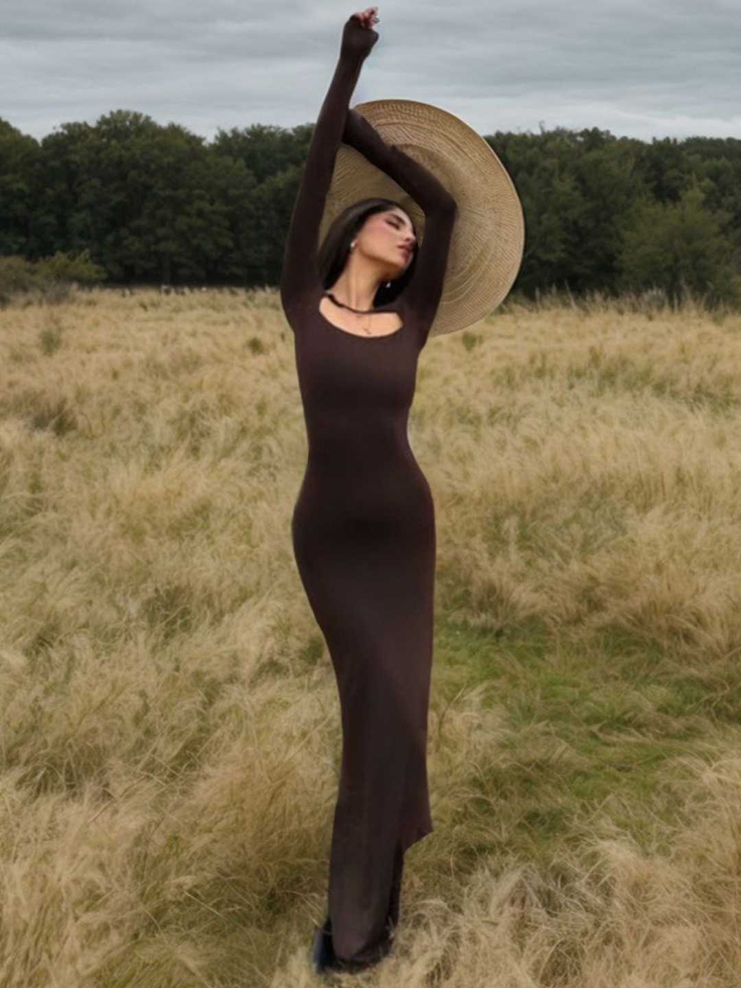 

StyleCast Off-Shoulder Thigh Slit Bodycon Maxi Dress, Brown